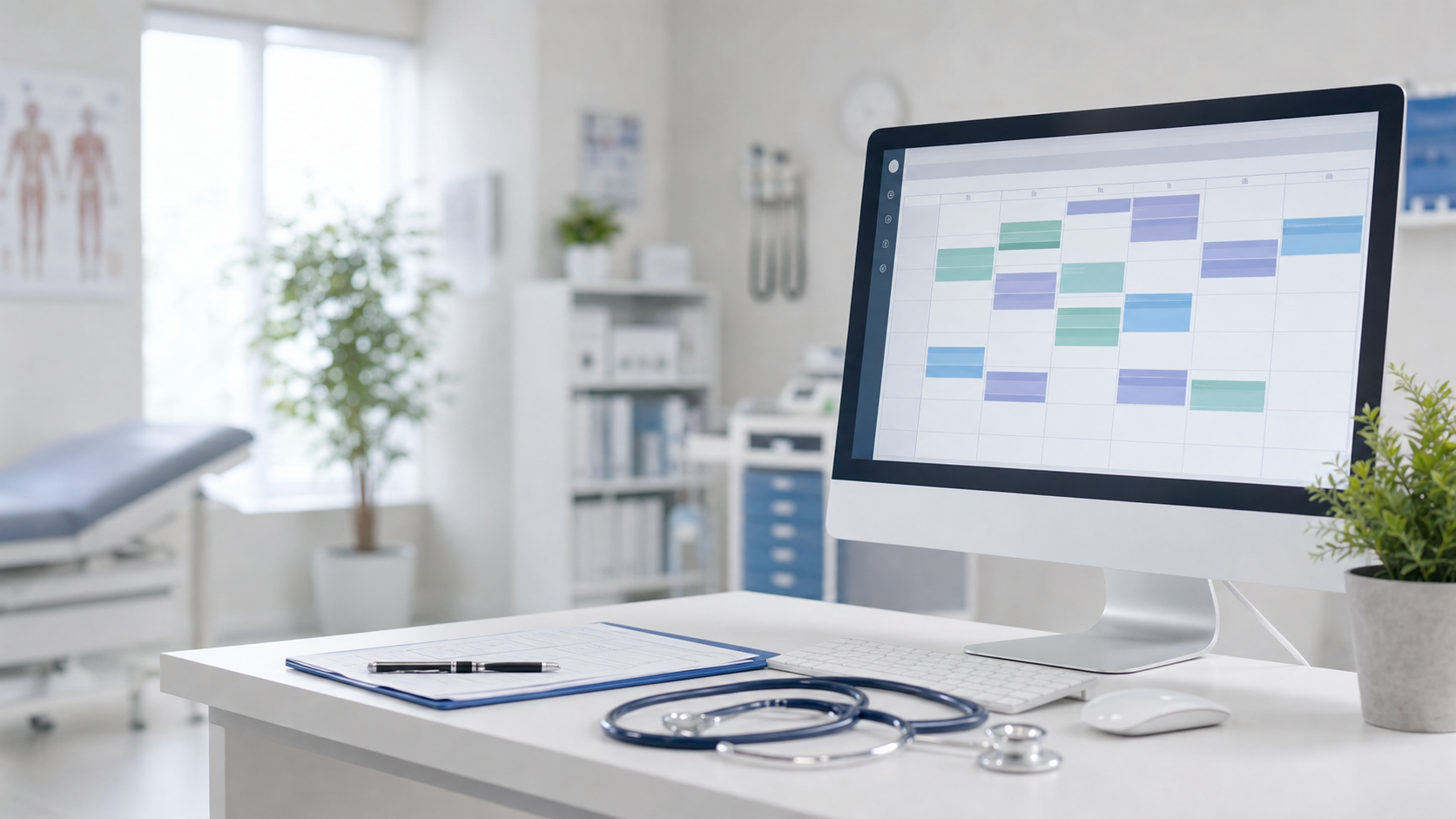 Modern healthcare scheduling interface showing a clean medical office setting with a computer screen displaying a digital appointment calendar grid, with subtle medical office elements like a stethoscope and clipboard nearby, professional lighting, healthcare technology aesthetic, no text or words visible