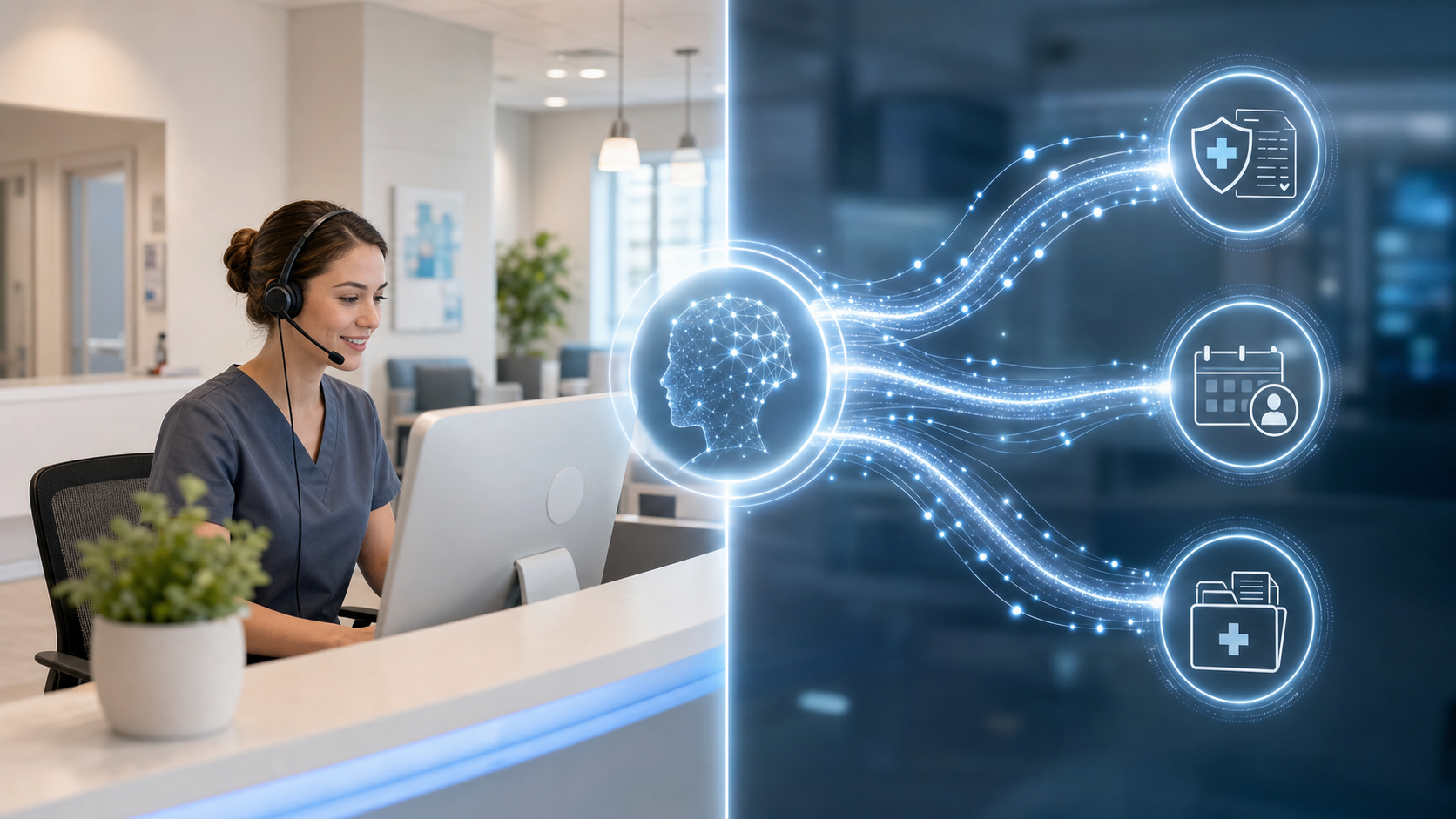 A modern healthcare clinic front desk with an AI voice assistant system handling multiple patient interactions simultaneously. Show a split-screen visualization: one side showing a professional receptionist at a desk with phone headset looking relieved and less stressed, the other side showing abstract flowing lines or nodes representing AI handling insurance verification, appointment scheduling, and prior authorization calls in parallel. Clean, professional medical office aesthetic with soft blues and whites. Modern technology integration in healthcare setting. No text or words visible.
