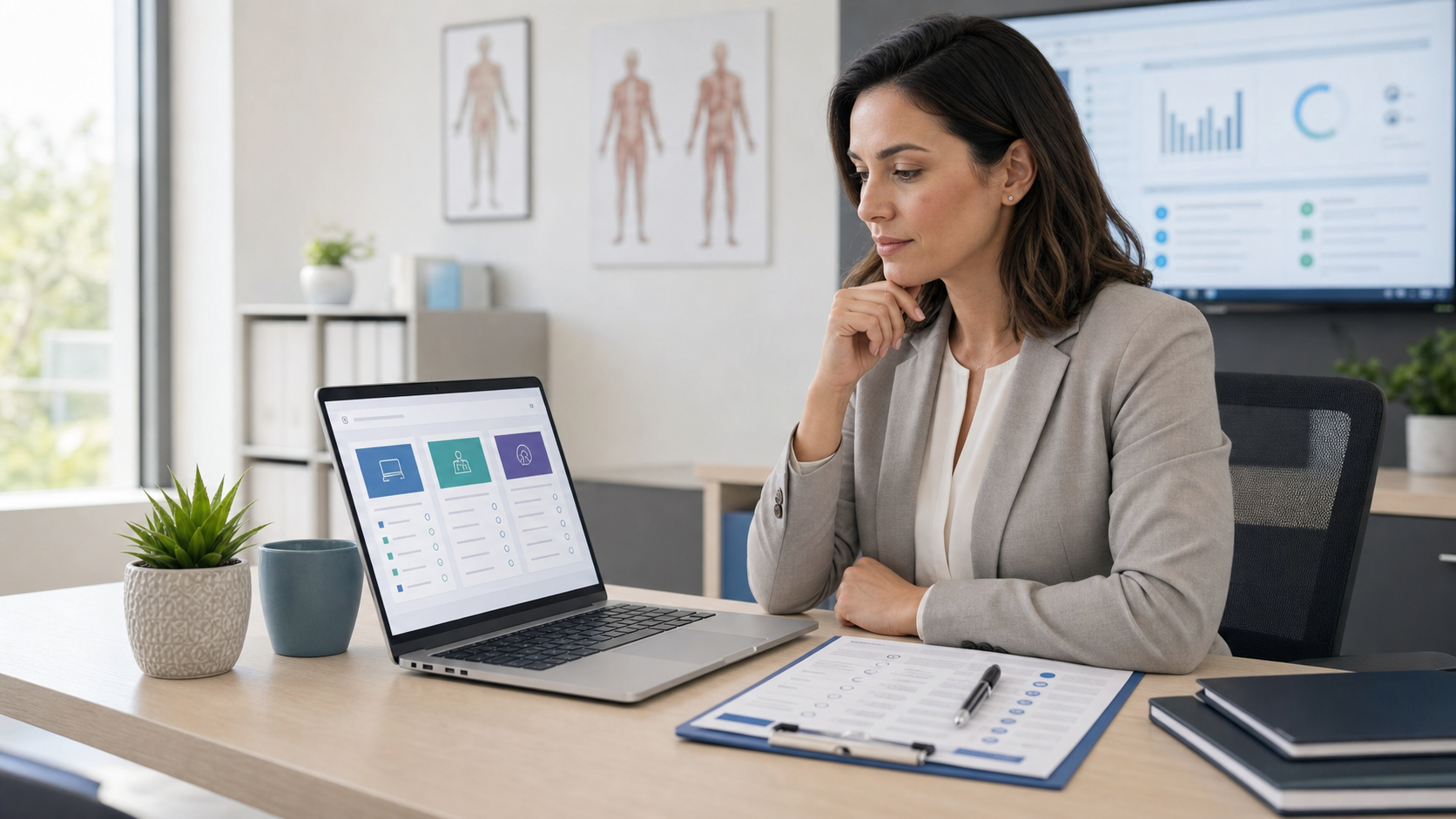 A professional healthcare administrator sitting at a modern desk reviewing multiple software options on a laptop screen, with a clipboard containing evaluation criteria beside them. Clean, bright clinic office environment with natural lighting. The person appears focused and analytical, comparing different digital solutions. Modern, professional illustration style with healthcare setting details like medical charts or clinic signage visible in background.