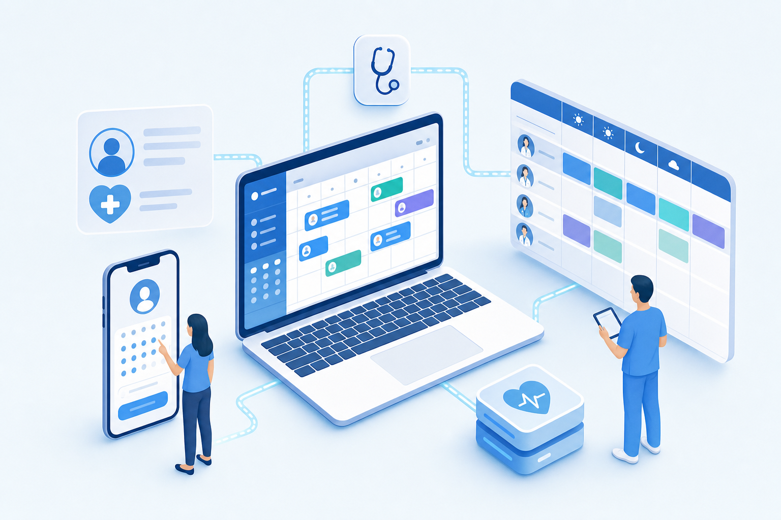 A clean, modern illustration showing healthcare scheduling software features: a digital calendar interface with appointment slots, a mobile phone displaying patient self-service booking, a medical staff schedule grid with shift assignments, and connection lines representing EHR integration. Use a professional healthcare color palette with blues and whites, isometric or flat design style, no text or labels.
