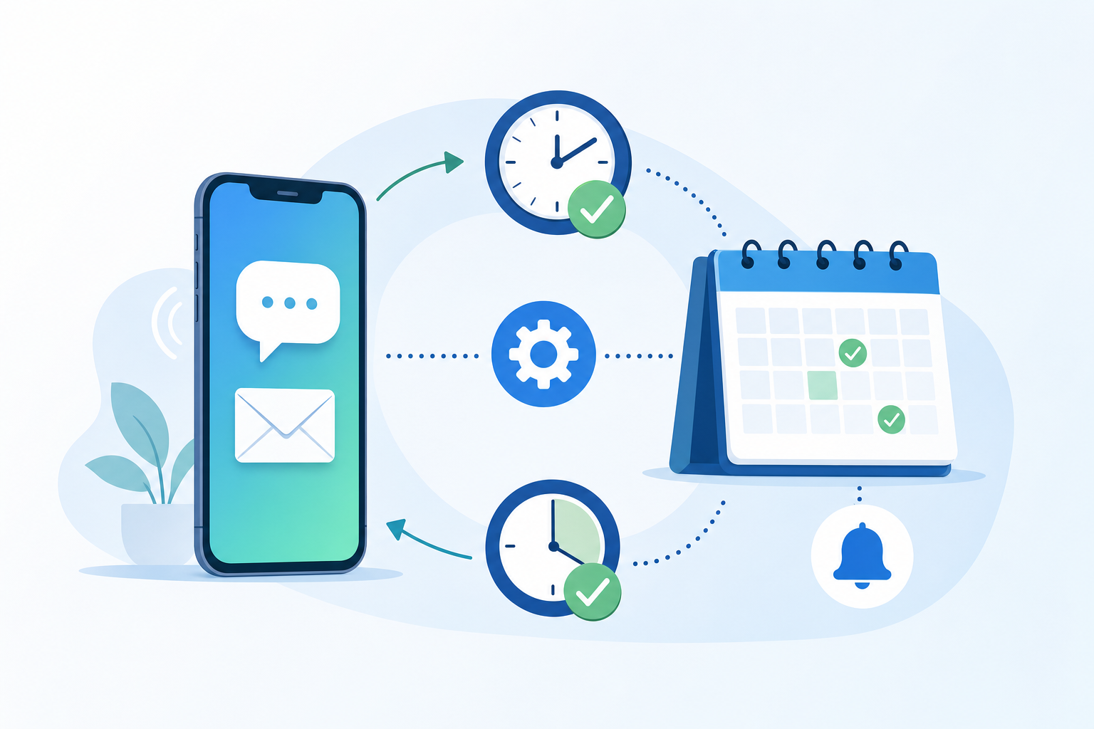 A modern, clean illustration showing automated appointment reminder workflow: a smartphone receiving SMS and email notification icons, a calendar with highlighted appointment dates, a clock showing time intervals (72 hours and morning-of), and connection arrows showing two-way communication flow. Use a professional healthcare color palette with blues, greens, and whites, flat or isometric design style, no people visible.