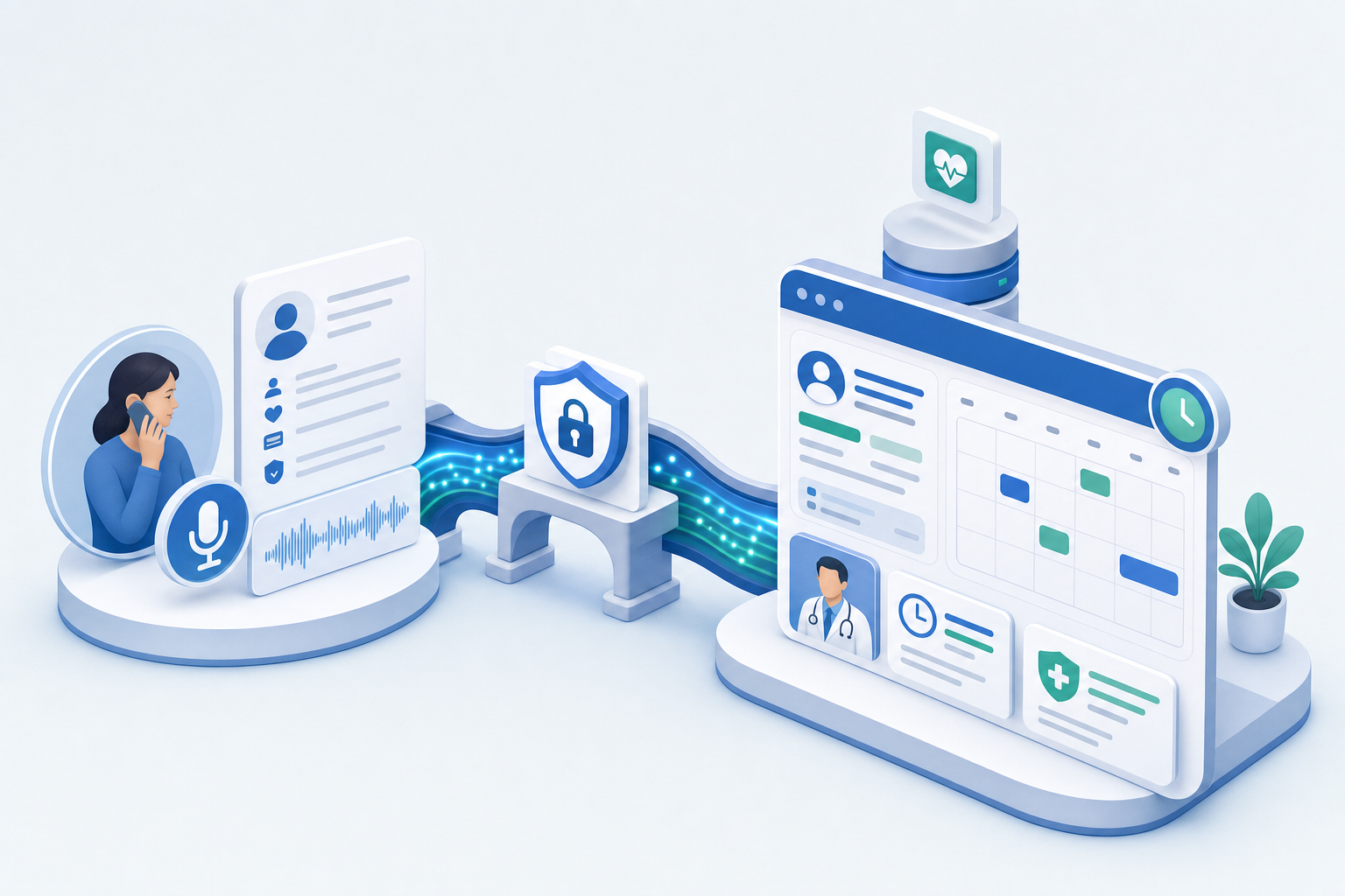 A clean, modern illustration showing the flow of appointment data from a voice AI system into an electronic health record (EHR) system. Visualize this as a seamless pipeline or data flow: on the left, represent a voice conversation with audio waves and patient information being captured; in the center, show a secure connection or bridge transferring structured data; on the right, depict a medical scheduling calendar or EHR interface receiving the completed appointment with provider details, time slots, and insurance information automatically populated. Use a professional healthcare technology color palette with blues, greens, and whites. Isometric or semi-flat design style, clean and modern aesthetic, no text or labels.