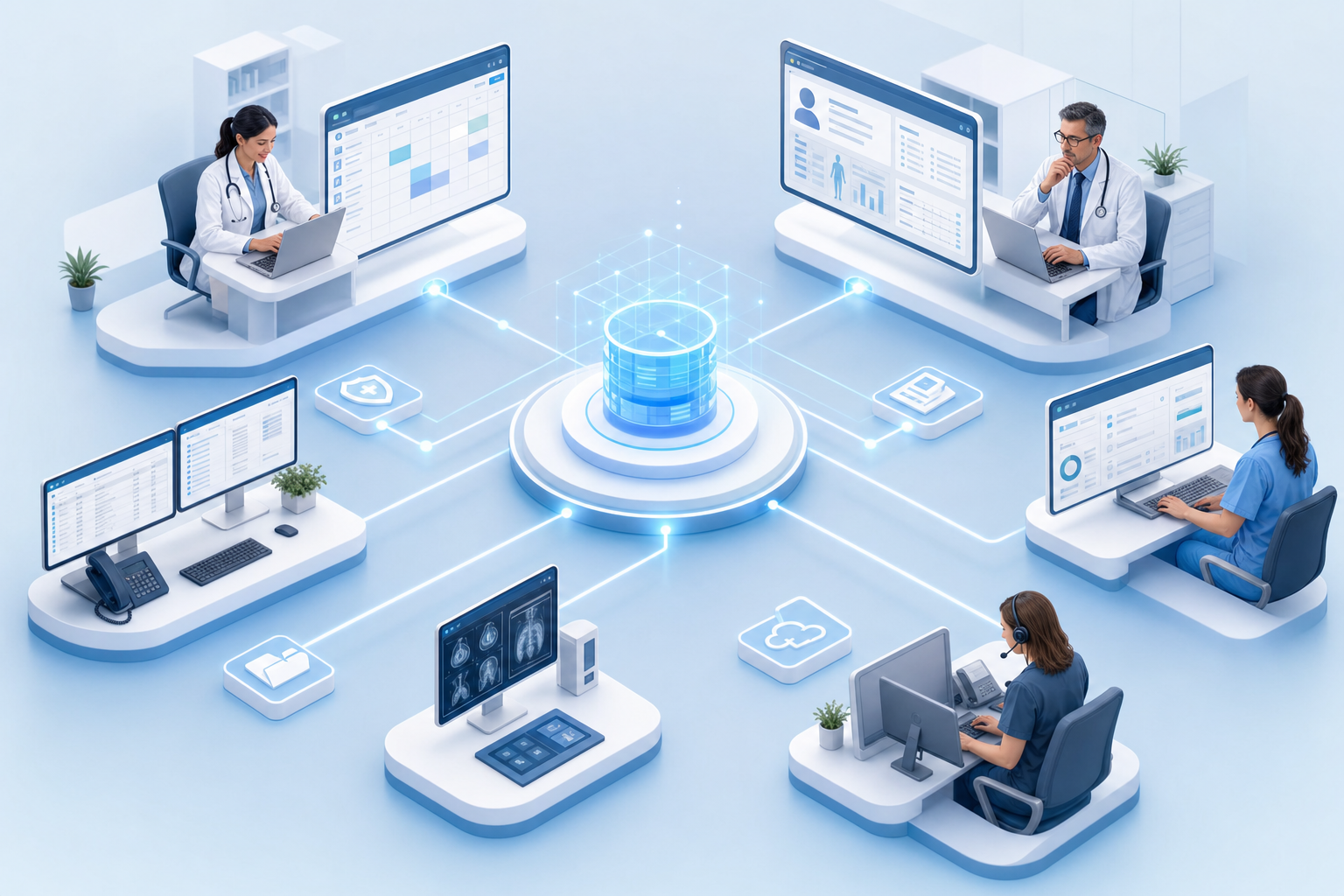 Modern healthcare technology integration concept showing electronic health record systems connected through a central hub. Multiple computer screens displaying medical scheduling interfaces, patient data dashboards, and practice management software all synchronized together. Clean, professional medical office environment with interconnected digital systems. Soft blue and white color scheme representing healthcare technology and data connectivity. Isometric or technical diagram style showing seamless data flow between systems. No text or labels.