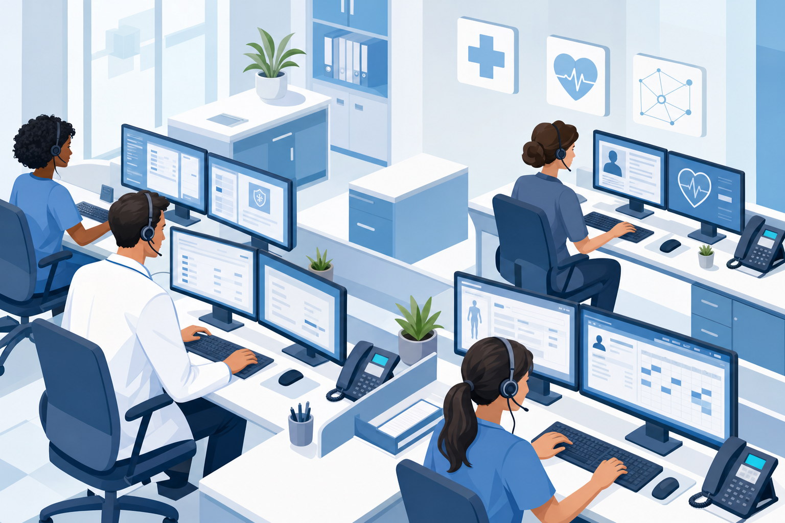 Modern healthcare call center workspace with multiple computer monitors displaying patient scheduling interfaces, insurance verification screens, and EHR systems. Professional medical office environment with headsets and telecommunications equipment. Clean, organized desk setup with soft blue and white color scheme representing healthcare technology. Isometric or flat illustration style, professional and calming atmosphere.