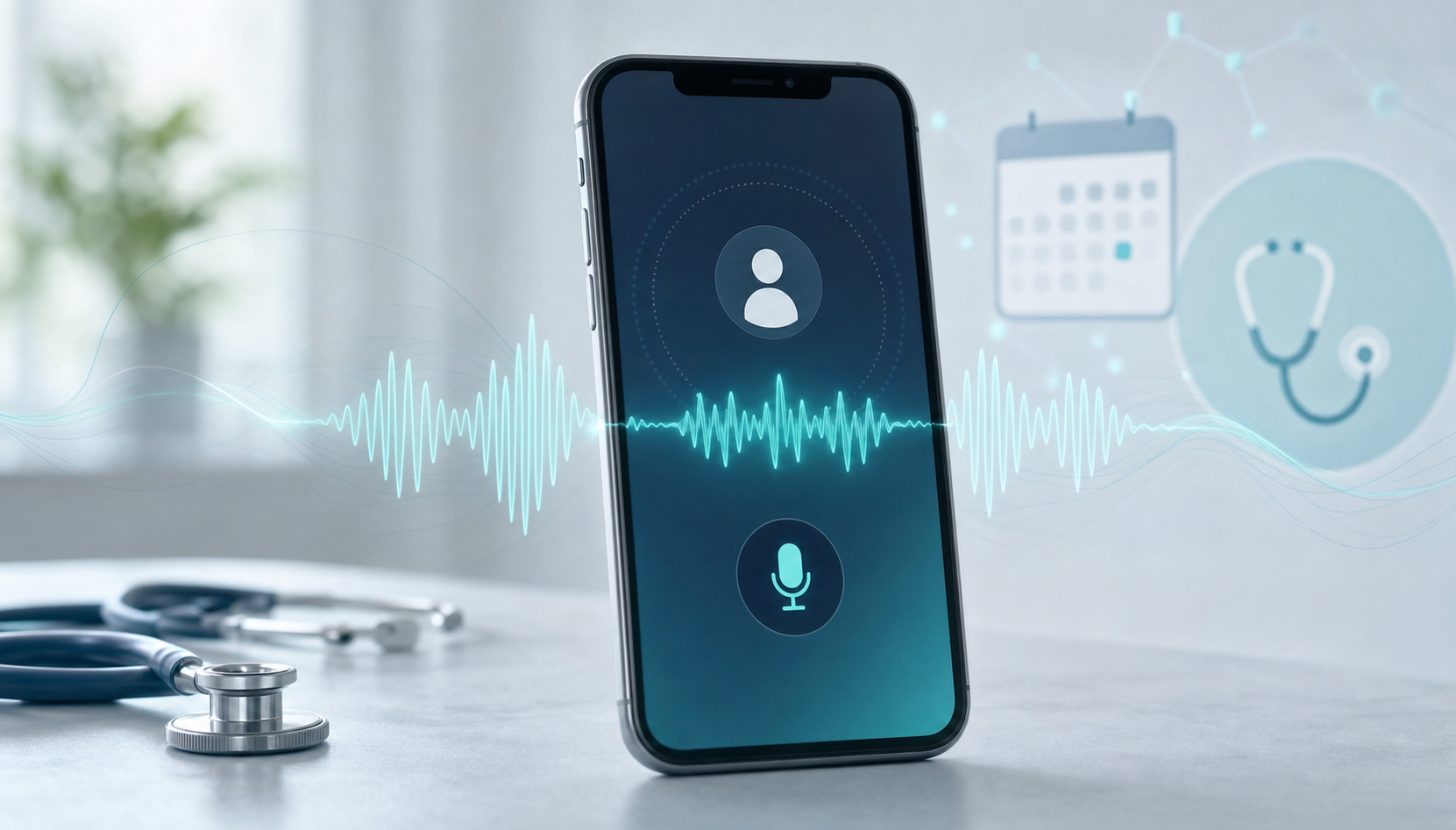 A modern minimalist illustration of a healthcare voice AI interaction, showing a clean smartphone interface with sound wave visualizations in teal and blue gradients, representing an active voice call. The background shows subtle medical iconography like a stethoscope silhouette and calendar elements. The composition should convey seamless, real-time voice communication in a professional healthcare setting, with a warm, approachable aesthetic. No text or letters.
