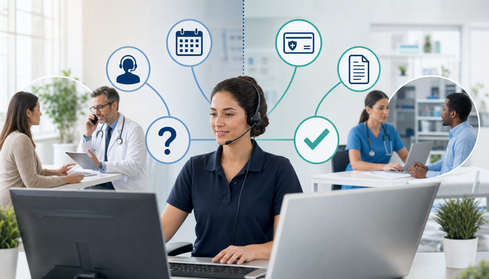 A clean, modern illustration showing two distinct workflow streams in a healthcare office setting. On one side, depict patient-facing interactions like appointment scheduling and FAQ questions with icons of calendars and question marks. On the other side, show payor-facing administrative tasks like insurance verification, billing inquiries, and prior authorization with icons of insurance cards, documents, and checkmarks. Use a professional healthcare color palette with blues and teals. The image should convey the concept of comprehensive call coverage across multiple workflow types. No text or letters in the image.