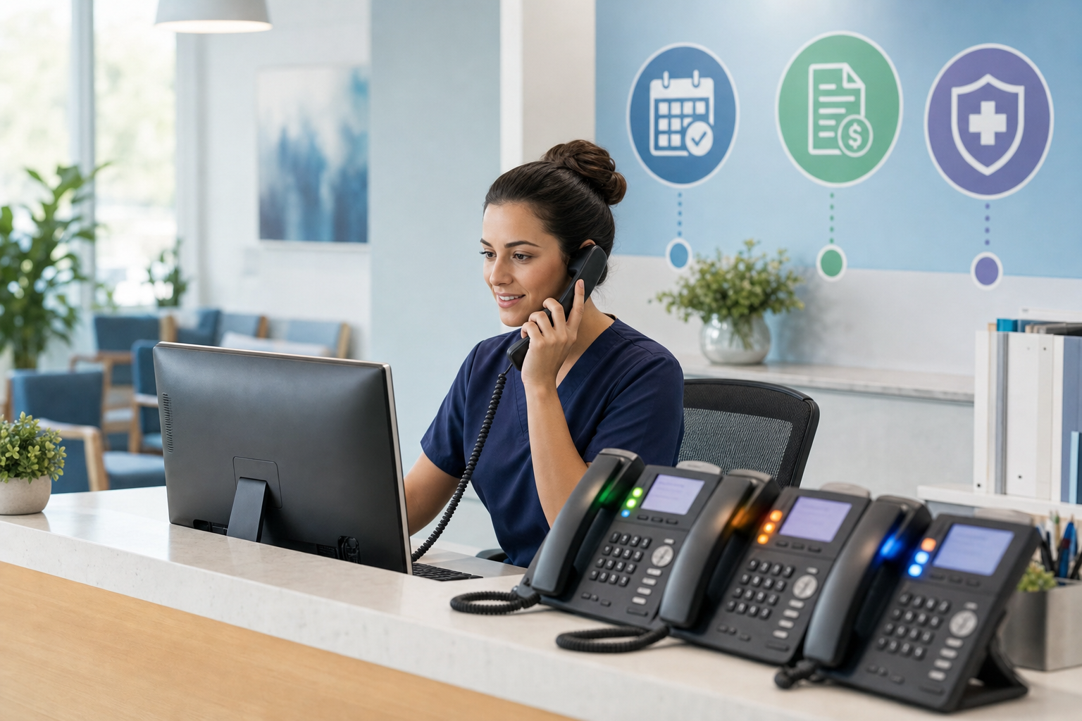 A modern healthcare office setting showing a professional medical receptionist desk with multiple phone lines lighting up simultaneously, representing high-volume patient calls. The scene should convey organized efficiency with a clean, professional aesthetic. Include visual elements suggesting different types of calls (scheduling, billing, insurance) through subtle iconography or color coding in the background. The style should be clean, professional, and slightly illustrative rather than photorealistic, with a calming blue and white color palette typical of healthcare environments.