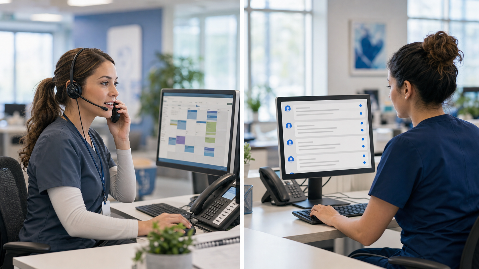 A split-screen healthcare office scene showing two different patient communication workflows. Left side: a medical receptionist at a desk actively speaking on a phone headset with a patient call being resolved in real-time, appointment calendar visible on computer screen. Right side: the same office setting but showing a staff member reviewing a queue of text messages on a computer screen with multiple unread patient messages waiting for responses. Clean, modern medical office aesthetic with blue and white color scheme. Professional illustration style, no text or words visible.