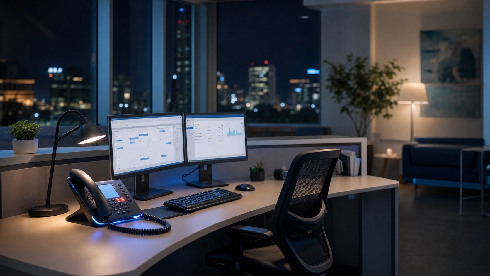 A modern medical office reception desk scene at night time showing an empty front desk with a phone system actively handling calls. Dark office interior with desk lamp on, computer monitors glowing, appointment calendar visible on screen. Through the window, nighttime cityscape visible. Phone handset off the hook with glowing indicator lights showing active call routing. Clean, professional healthcare office aesthetic with blue accent lighting. No people present. Photorealistic style emphasizing the concept of automated after-hours patient communication.