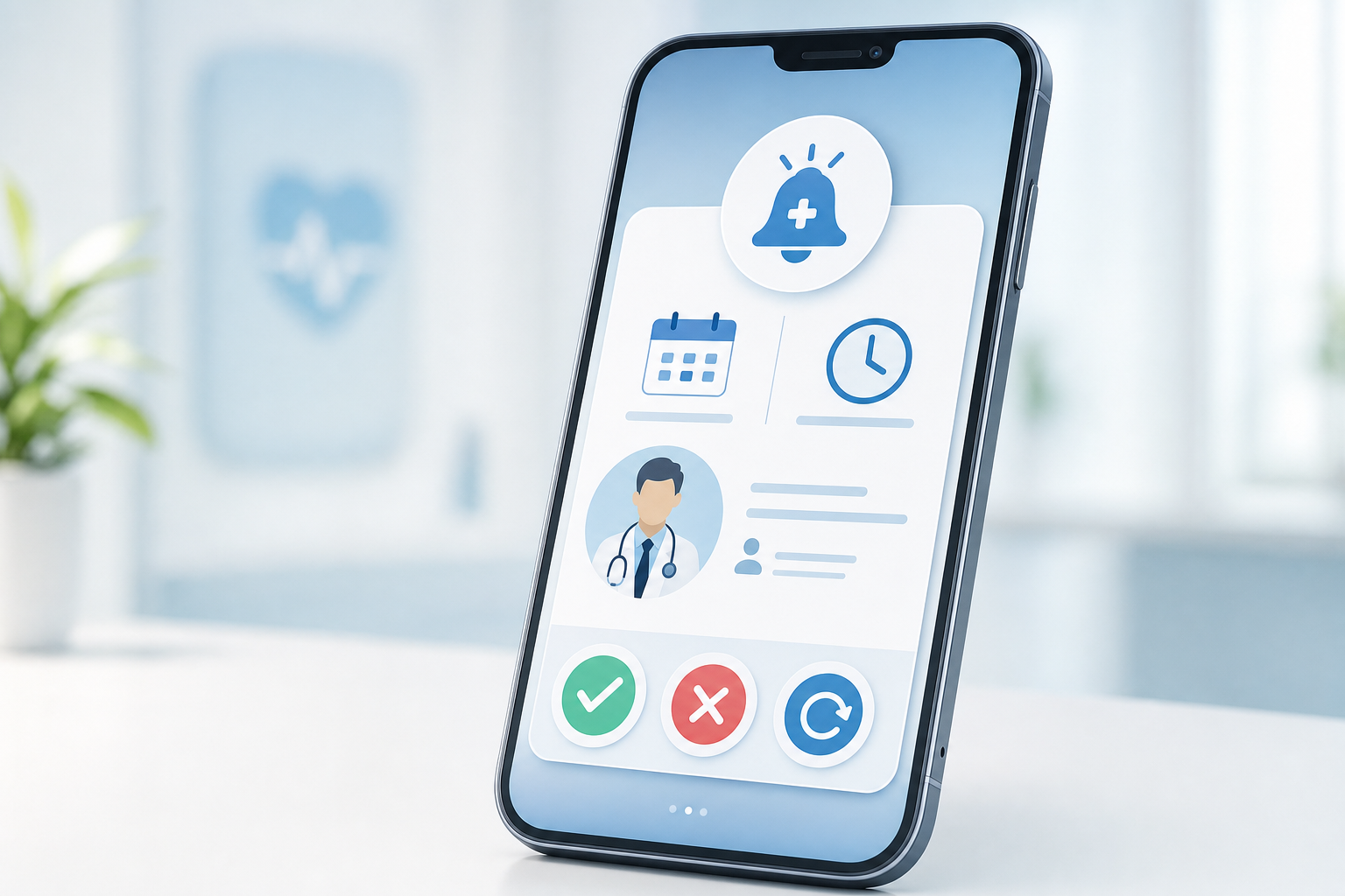 A clean, modern illustration showing a mobile phone displaying a medical appointment reminder notification with interactive options. The phone screen shows appointment details (date, time, doctor icon) with three clear action buttons below for confirm, cancel, and reschedule. Use a healthcare color palette with calming blues and whites. Show the phone in a three-quarter view with subtle shadows. The design should feel professional and approachable, emphasizing the interactive nature of the reminder system. No text or letters visible on screen - use only icons and visual elements to convey the appointment reminder concept.
