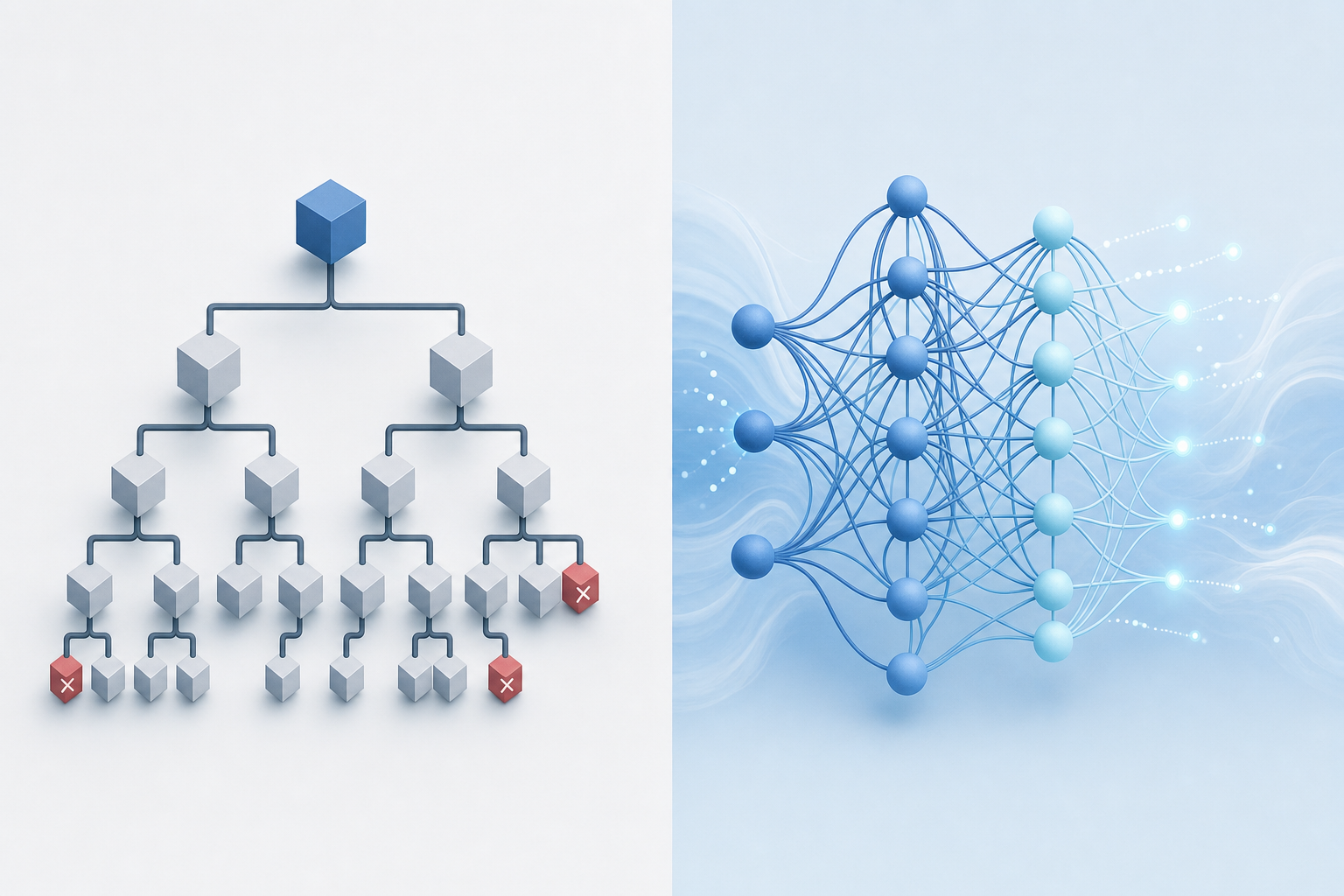 A clean, professional illustration comparing two AI architecture types side by side: on the left, a rigid decision tree with fixed branches and limited pathways representing scripted AI, and on the right, a flexible, interconnected neural network or organic flowing pattern representing generative LLM-based AI. Modern, minimal design with soft blues and grays, isometric or flat design style, showing the contrast between rigid structure and adaptive flexibility. No text or labels.