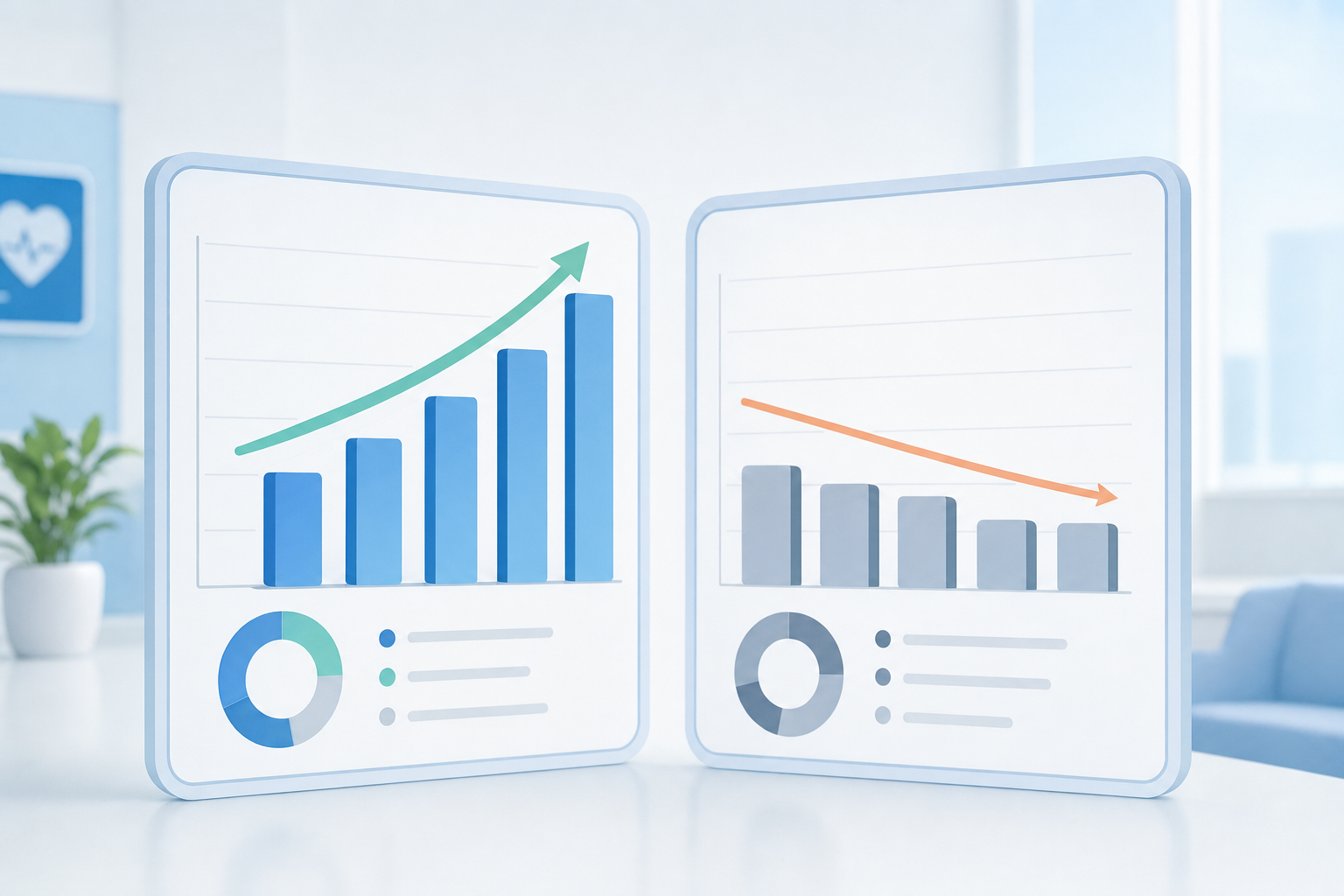 A clean, professional illustration showing two contrasting data visualizations side by side: on the left, an optimistic bar chart showing high percentages with an upward trend, and on the right, a more realistic bar chart showing lower actual performance metrics. The illustration should convey the concept of reported numbers versus reality in a healthcare or business analytics context. Modern, minimal design with soft blues and grays, isometric or flat design style, no text or labels.