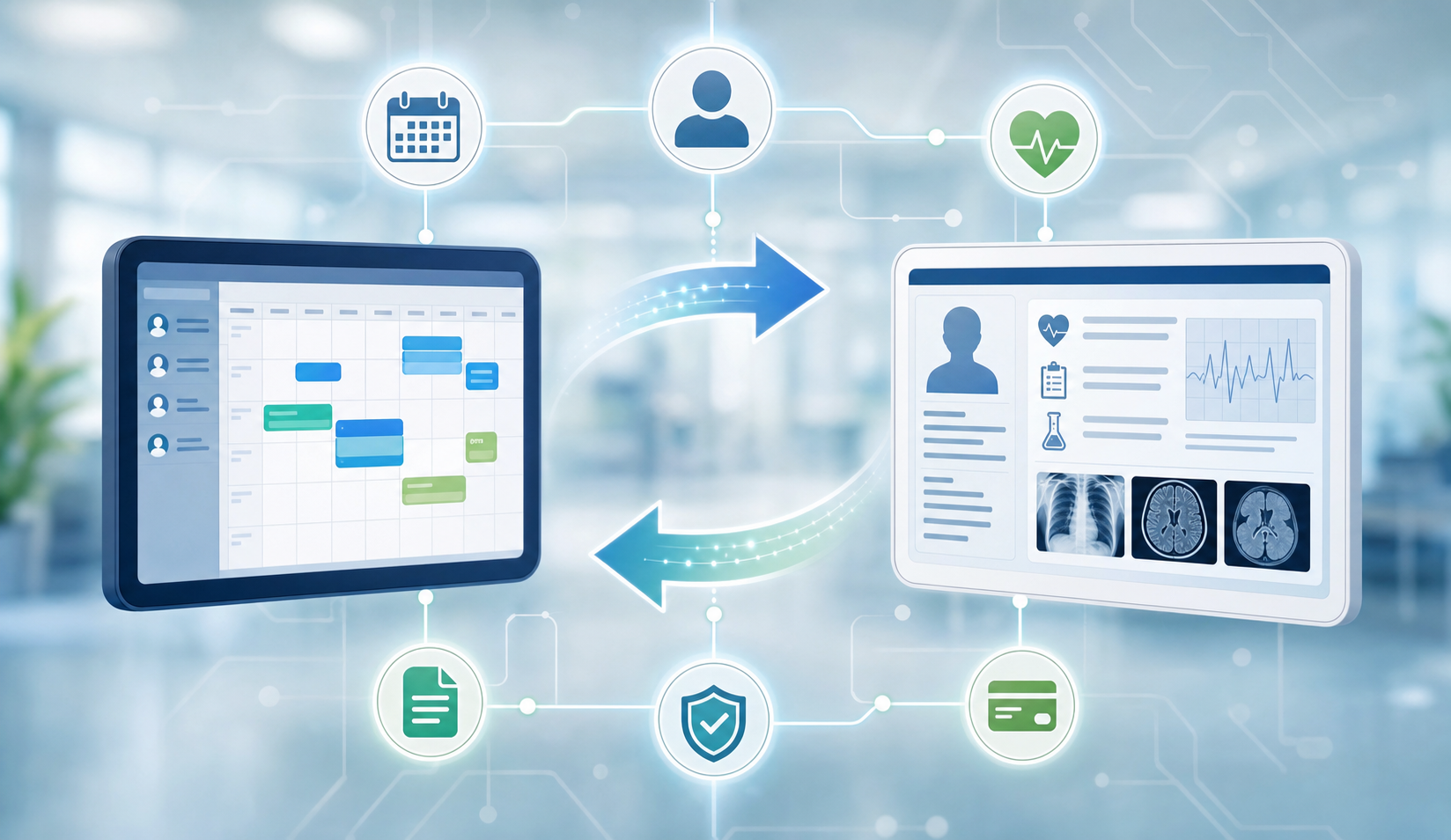 A modern healthcare technology illustration showing bidirectional data flow between a medical scheduling system and an electronic health record (EHR) system. The image should depict two connected digital platforms with arrows flowing in both directions, representing synchronized patient data, appointment information, and insurance details. Clean, professional style with a healthcare color palette of blues and greens, showing data nodes and connection pathways to represent real-time integration and automatic synchronization.