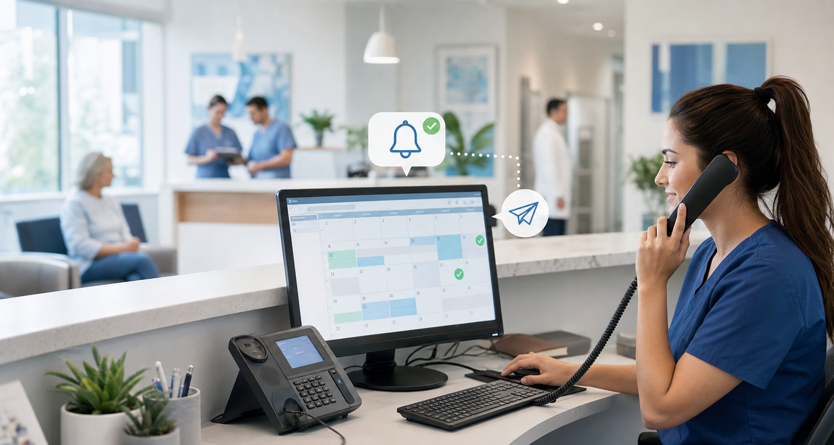 A clean, modern healthcare office setting showing a medical front desk area with a digital calendar display on a monitor, with visual indicators of confirmed appointments and reminder notifications being sent. The scene should convey organization and efficiency, with a professional medical practice atmosphere. Style: clean, professional illustration with a healthcare color palette of blues and whites.