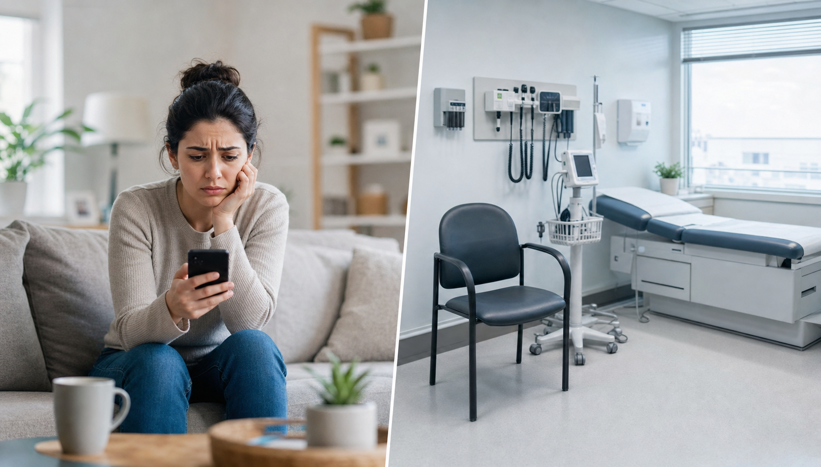 A split visual showing two contrasting scenes side by side: on the left, a person sitting at home on a couch looking at a phone with a concerned expression, representing a forgotten or ignored appointment reminder; on the right, an empty medical exam room with a vacant chair and unused equipment, representing a missed appointment slot. Soft clinical colors, clean modern illustration style, no text or labels anywhere in the image.