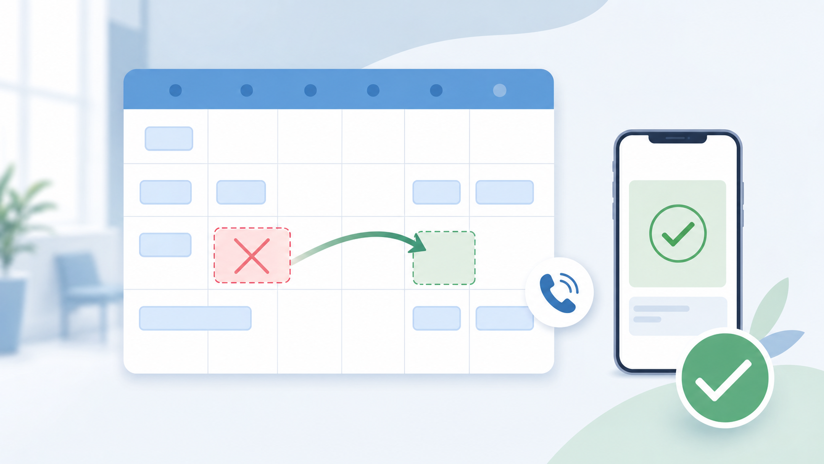 A clean modern illustration showing a medical appointment calendar with a cancelled slot being filled by a new patient entry, connected by a smooth flowing arrow, with a small phone icon and a checkmark symbol indicating a successful booking confirmation, soft clinical color palette of blues and greens, flat design style, no people visible, no text or labels anywhere in the image