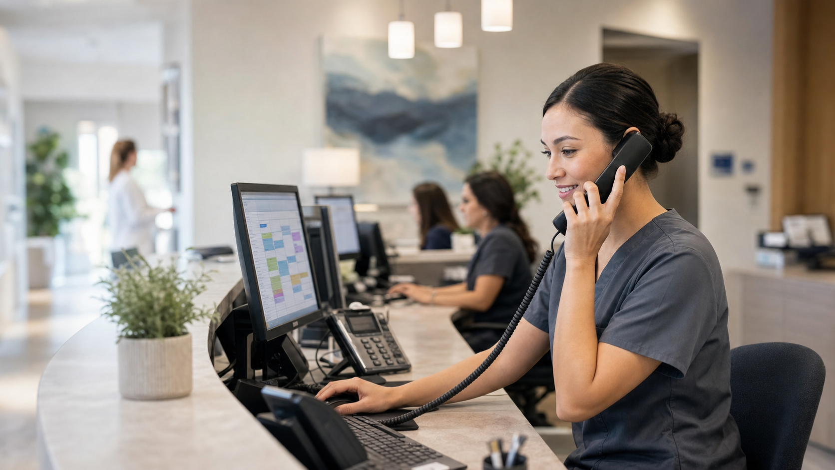 Modern healthcare office front desk environment with multiple phone lines and computer monitors showing patient scheduling interfaces, warm professional lighting, clean medical office aesthetic, diverse staff working efficiently with digital tools, contemporary healthcare technology workspace