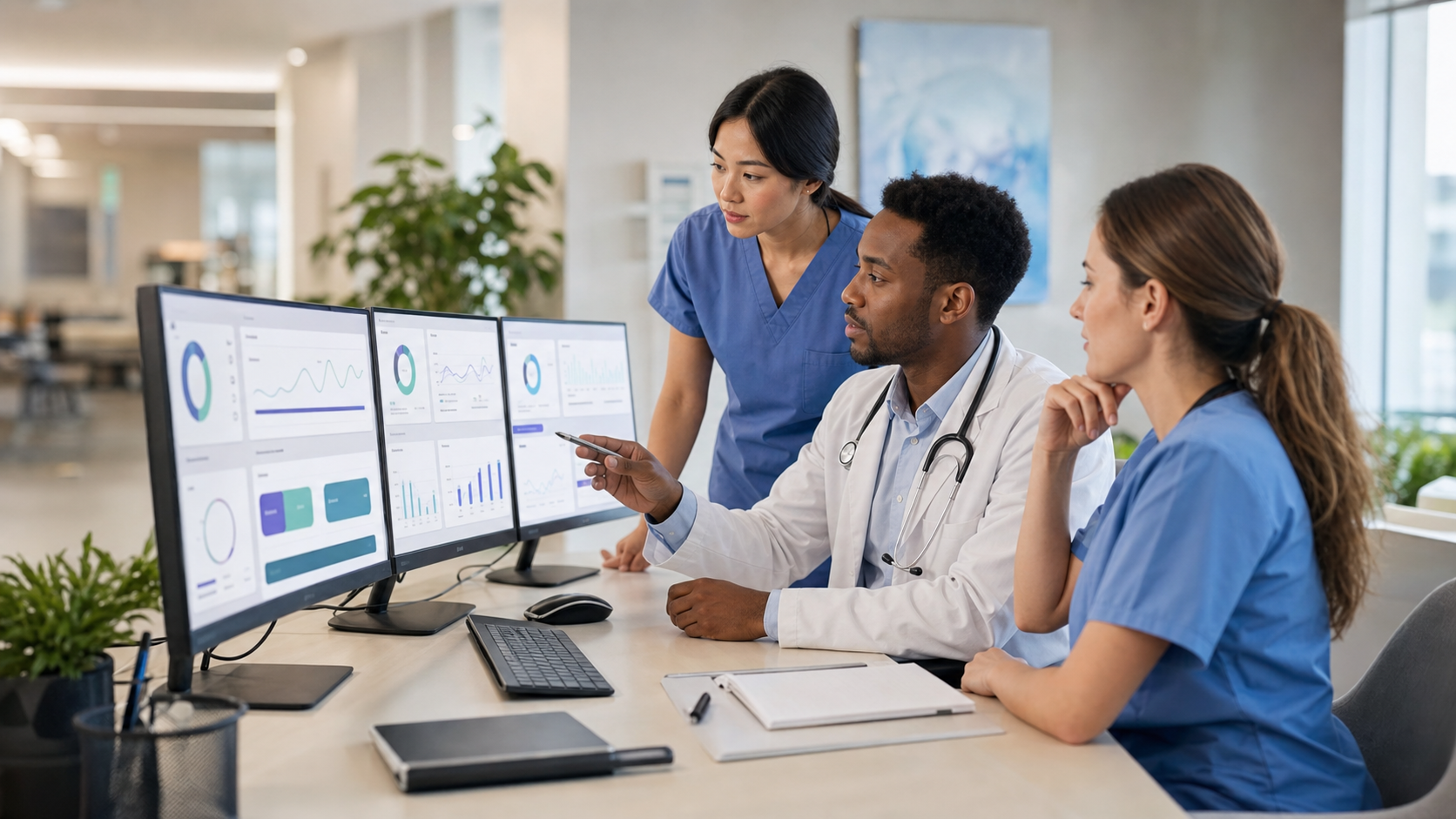Professional healthcare technology comparison visualization showing multiple AI software platforms side by side on computer screens, clean modern medical office setting, abstract interface dashboards with graphs and metrics, warm professional lighting, contemporary healthcare tech workspace aesthetic, diverse medical staff reviewing digital solutions