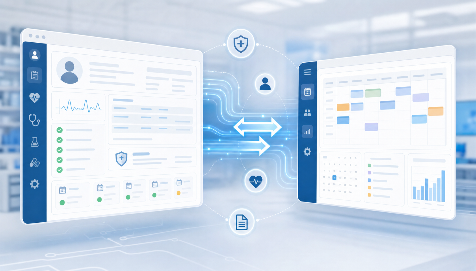 A clean, modern illustration of a hospital EHR system integration — two layered digital dashboards connected by glowing data flow lines, one showing a patient record with appointment slots and insurance eligibility indicators, the other showing a practice management interface with scheduling grids and calendar blocks, bidirectional arrows pulsing between them, soft blue and white healthcare color palette, flat design style with subtle depth, no people