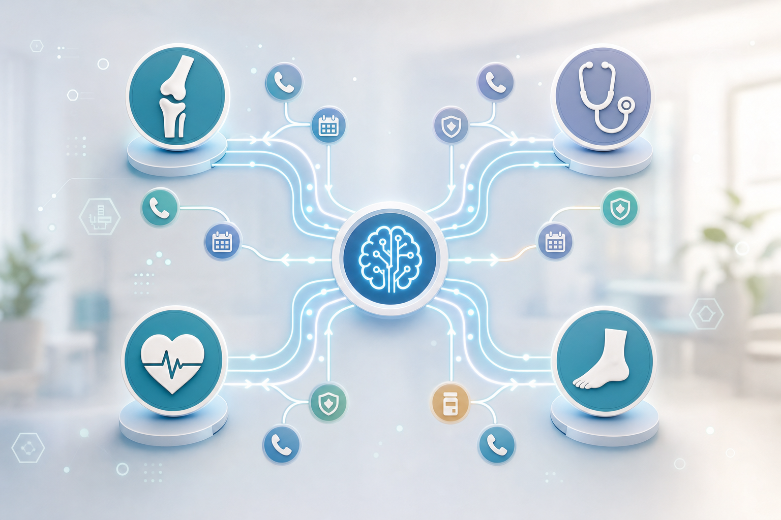 A modern healthcare illustration showing a branching network of specialty medical departments — orthopedics, OB/GYN, cardiology, podiatry — each connected by glowing digital pathways representing different types of patient phone calls flowing into a central AI hub. Clean flat design with soft blues, teals, and warm whites. Abstract icons for each specialty (bone, stethoscope, heart, foot) placed in rounded nodes, with call-flow arrows branching outward indicating varied call types like scheduling, insurance, and prescription routing. No people required. Minimalist professional medical aesthetic.