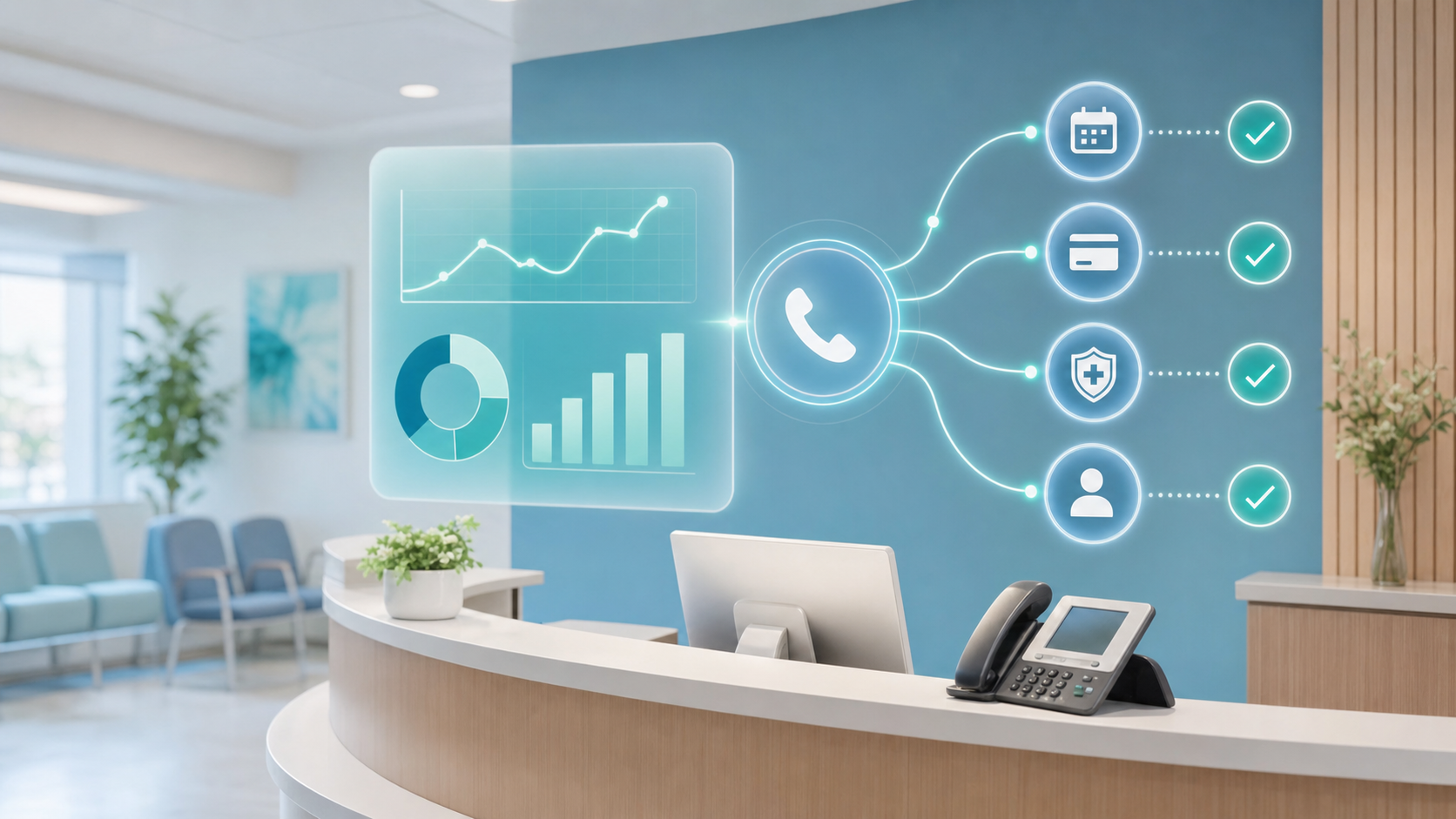A clean, modern illustration of a healthcare clinic front desk with a glowing digital dashboard showing call volume metrics and routing pathways branching into different categories like scheduling, billing, and insurance verification. Soft blue and teal color palette, professional medical office environment, abstract data flow lines connecting phone icons to resolution checkmarks, no people required, minimalist flat design style.