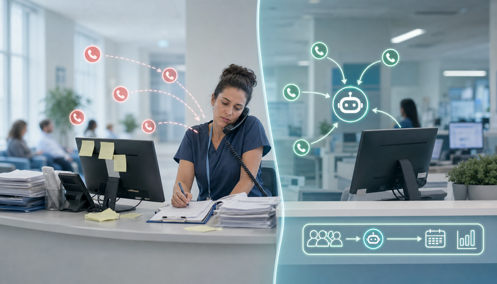 A clean, modern illustration showing a healthcare front desk with visible workflow gaps and incomplete automation coverage. Show a receptionist at a desk with multiple incoming phone calls, some being handled by digital automation (glowing or highlighted) while others remain manual tasks (papers, sticky notes, traditional phone). Use a split or layered visual metaphor showing partial automation versus full coverage. Professional healthcare office setting with soft blue and green tones, minimalist style, focus on the concept of incomplete vs complete call handling coverage.