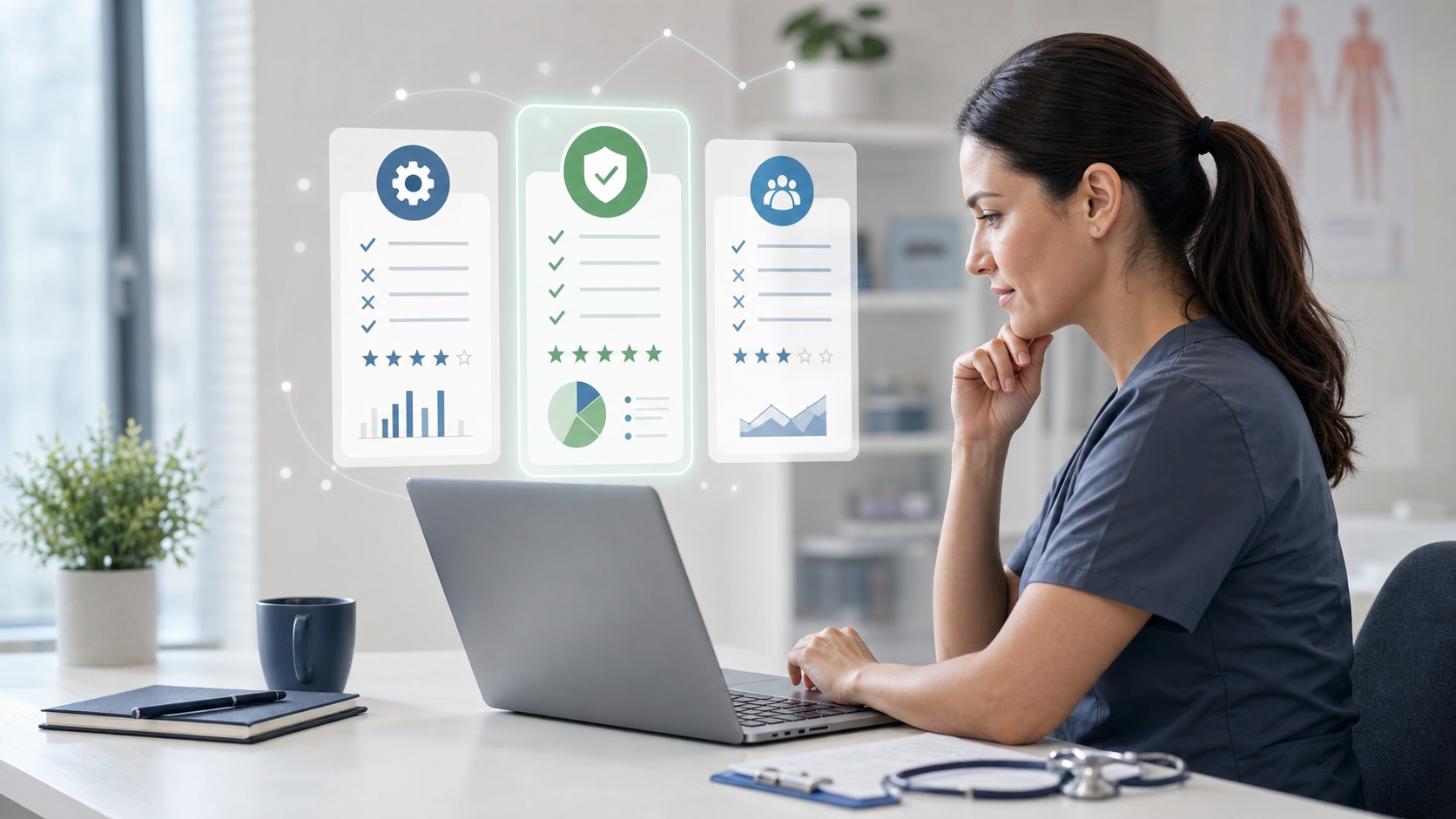 A clean, modern illustration showing a healthcare professional or practice manager comparing multiple digital solutions on a laptop screen, with abstract representations of different feature checkmarks, charts, and evaluation criteria floating above the screen. Professional healthcare office setting with soft blue and green tones, minimalist style, focus on decision-making and vendor evaluation process.
