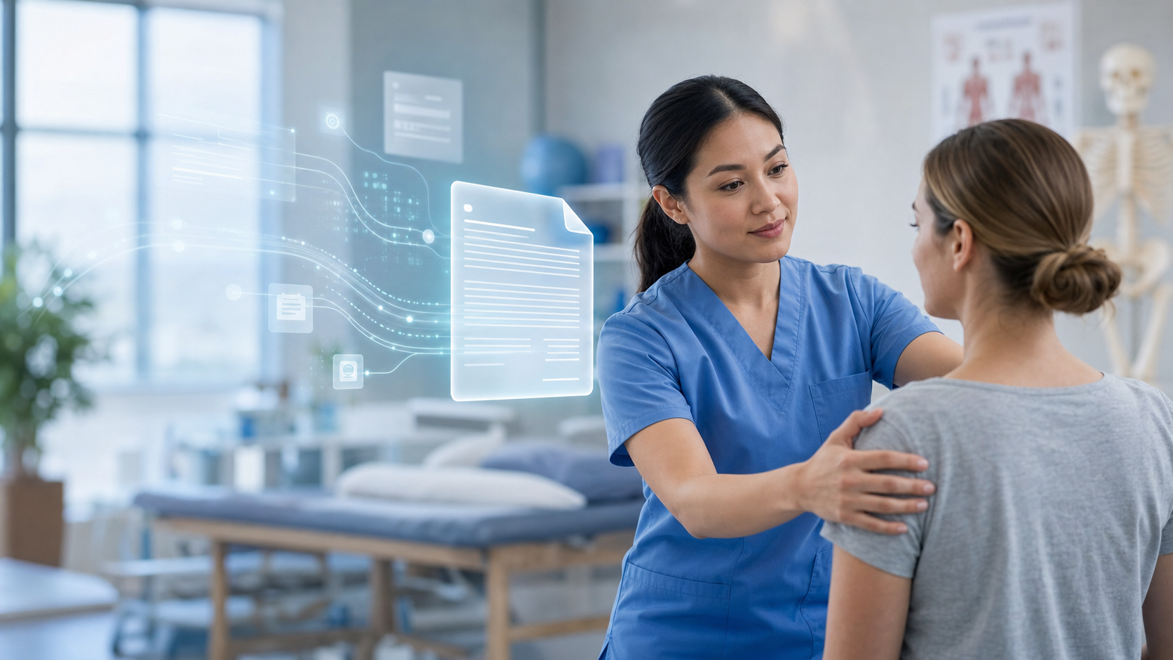 A modern healthcare workflow illustration showing a physical therapist working with a patient while AI technology seamlessly handles documentation in the background. Clean, professional medical office setting with subtle technology elements like floating interface elements, data streams, and automated notes being generated. Use soft blue and white color palette with warm lighting. Focus on the human-centered care with technology as an invisible helper, not the foreground. Minimalist, professional style.