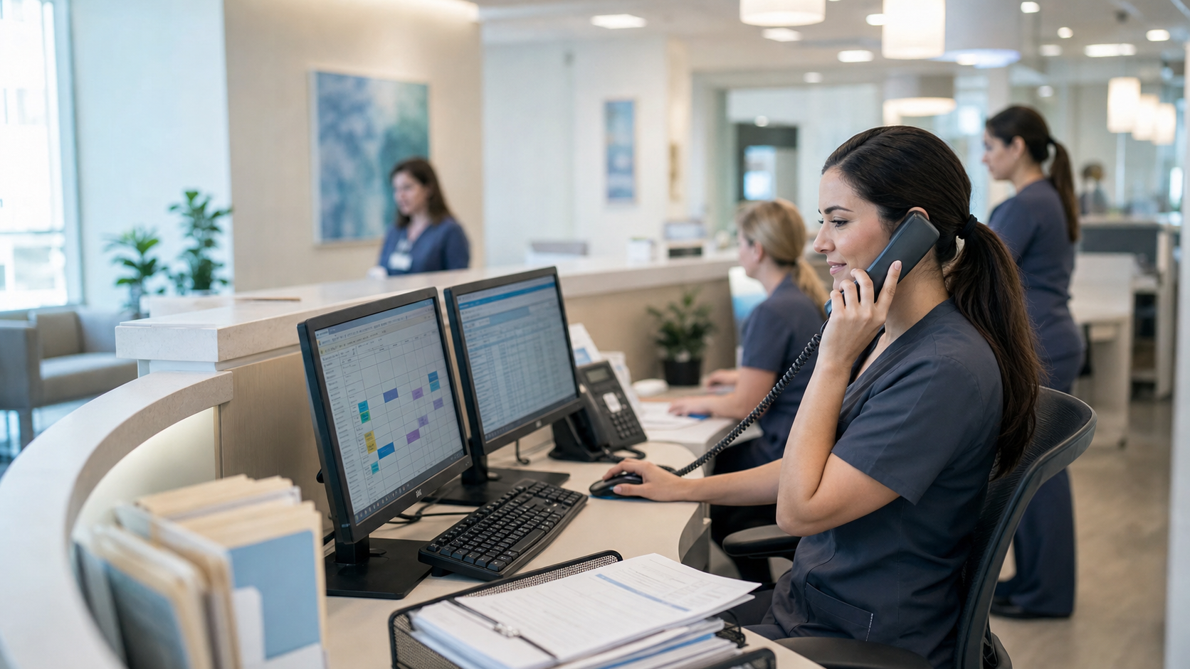 A busy medical practice front desk reception area showing multiple communication channels - phone calls coming in, appointment scheduling screens, insurance verification workflows. Professional healthcare office environment with warm lighting. Show the organized flow of patient access tasks: incoming calls, calendar scheduling, benefits verification documents. Modern, clean aesthetic with soft blues and whites. Focus on the administrative workflow layer of healthcare, emphasizing efficiency and organization. No text or letters visible anywhere in the image.