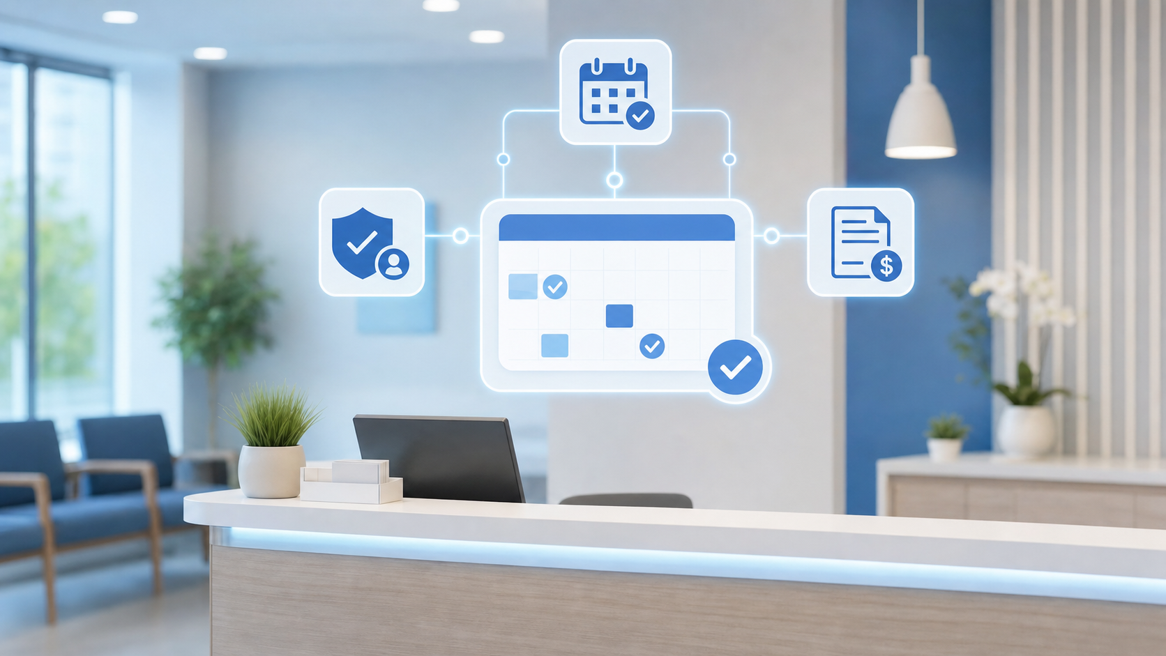 A clean, modern illustration showing a healthcare clinic reception desk with a digital interface panel floating above it displaying calendar grids, checkmarks, and connected workflow nodes representing appointment scheduling, insurance verification, and billing — all interconnected with glowing lines, in a professional blue and white color palette, no people, flat design style