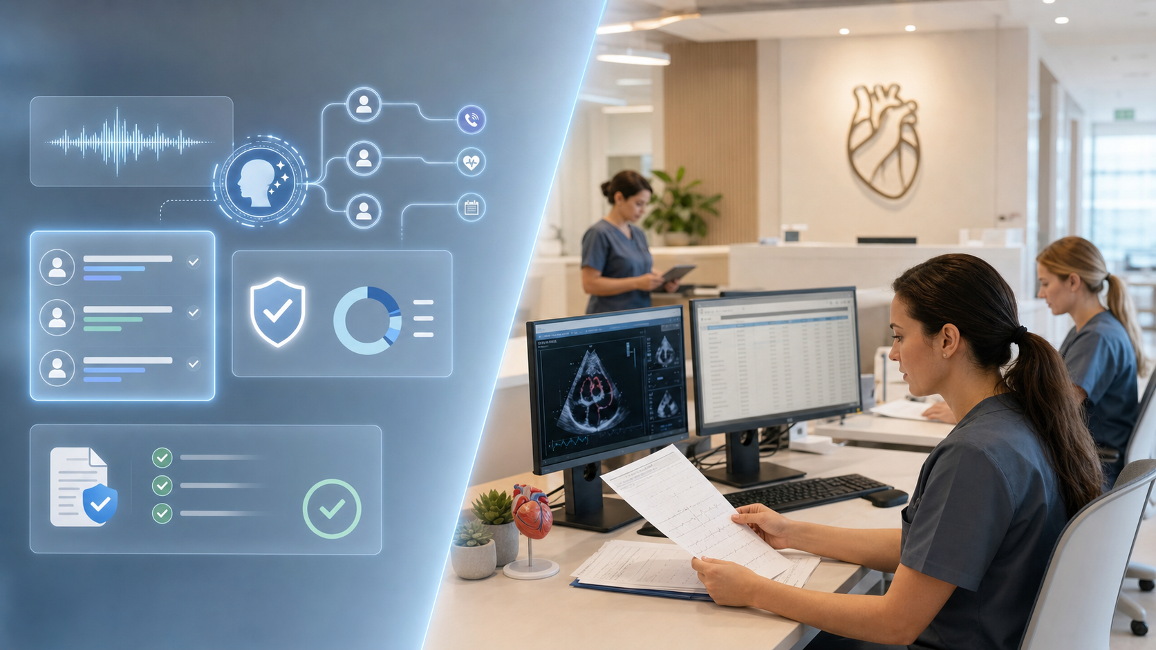 A split-scene illustration of a modern cardiology practice workflow: on the left side, a glowing AI voice interface dashboard showing call routing, prior authorization status, and insurance verification panels in soft blue and white tones; on the right side, a calm, organized front-desk workspace where medical staff focus on complex charts and clinical coordination rather than phone calls, clean clinical environment, professional healthcare atmosphere, no people on phones, warm lighting, no text or labels