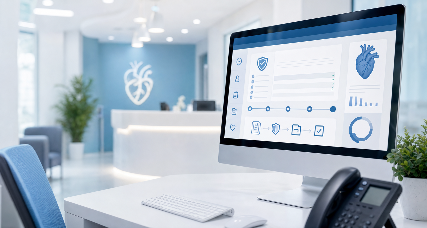 A modern cardiology medical practice front office environment, a sleek desktop workstation with a glowing digital dashboard showing insurance verification and prior authorization workflow screens, soft blue and white color palette, clean clinical aesthetic, no people visible, professional healthcare technology atmosphere