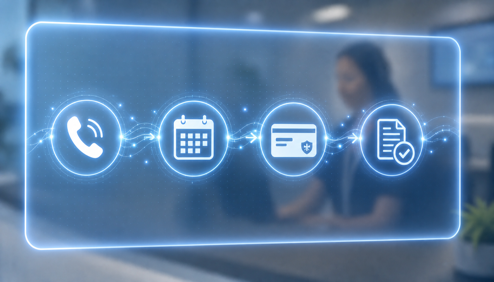 Glowing AI interface panel floating showing interconnected workflow nodes — a patient phone icon, a calendar, an insurance card, and a document approval checkmark — all linked by smooth flowing lines, representing automated end-to-end healthcare call handling from scheduling through prior authorization