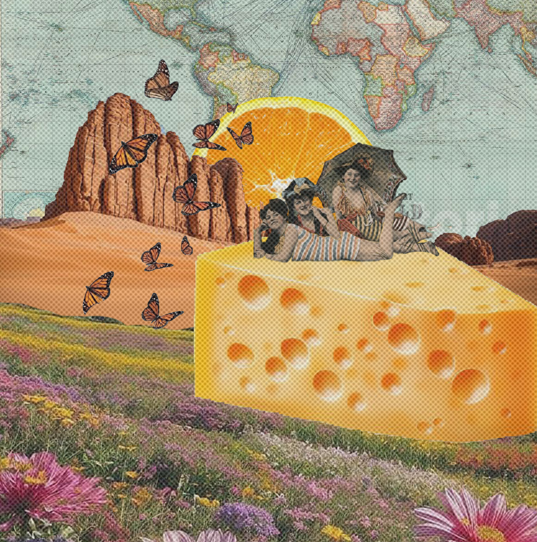 Surreal collage of three vintage women in bathing suits lounging on a large Swiss cheese wedge, with orange slice, butterflies, rock formations, floral field, and world map in the background.