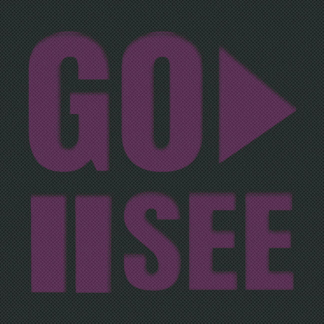 Text 'GO SEE' in bold purple letters with a right-pointing triangle replacing the letter O in GO on a dark textured background.