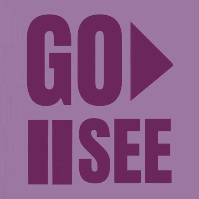 Purple graphic with the words 'GO SEE' in bold uppercase letters, with a right-pointing triangle between 'GO' and 'SEE'.
