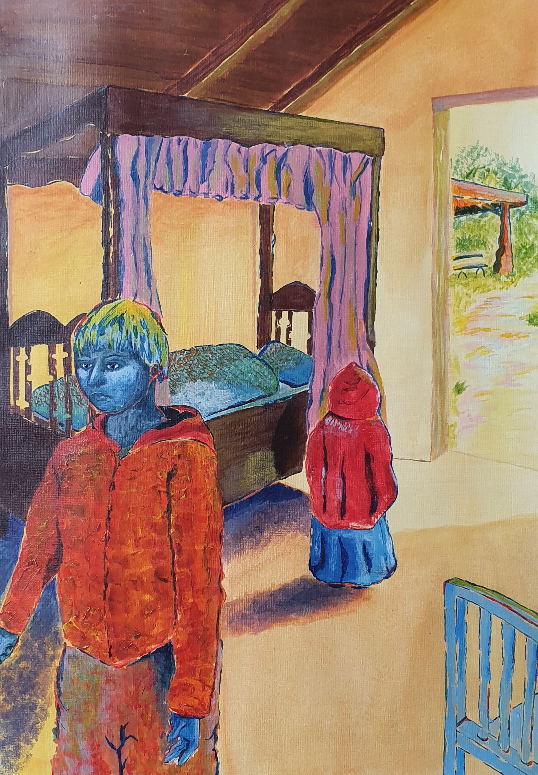 Painting of two blue-skinned children indoors, one facing forward wearing a red jacket and the other facing away, near a four-poster bed with pink curtains and an open door leading outside.