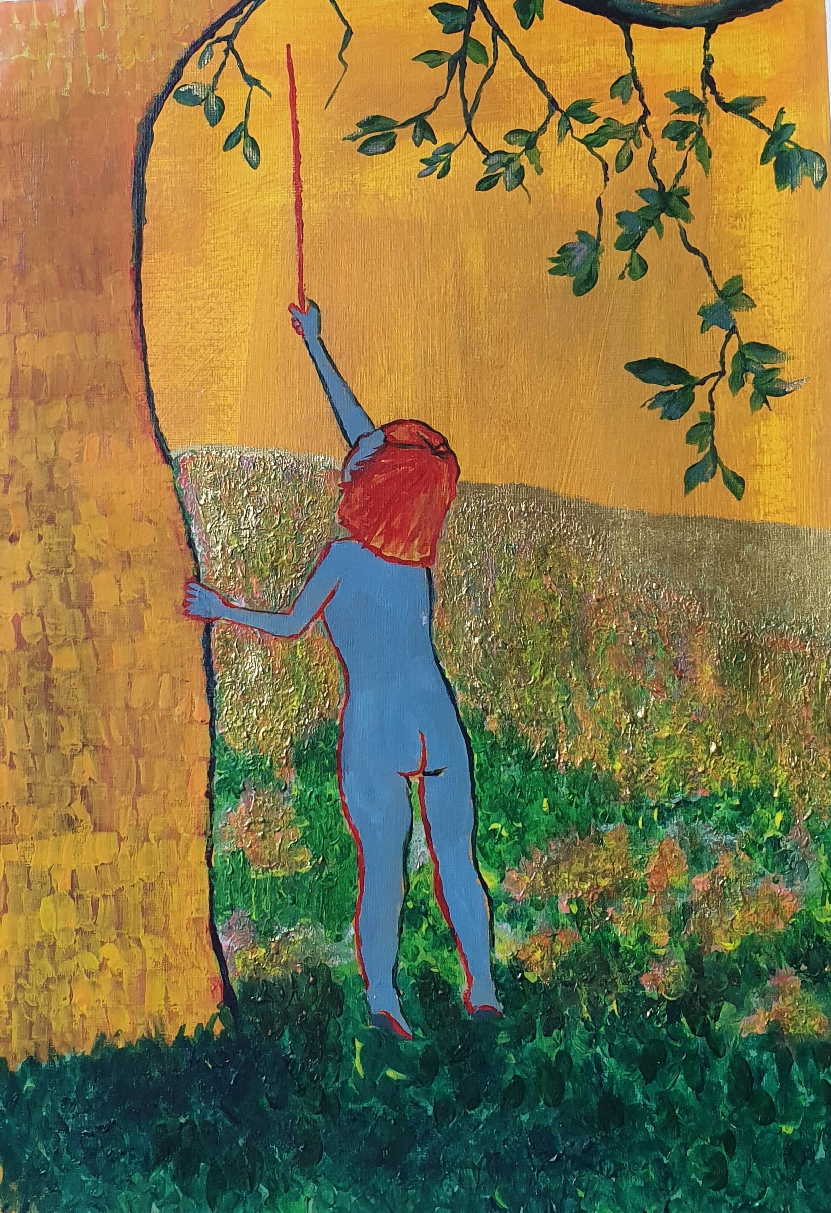 Painting of a blue-skinned figure with red hair holding a red stick, standing by a tree with green leaves against a yellow background.