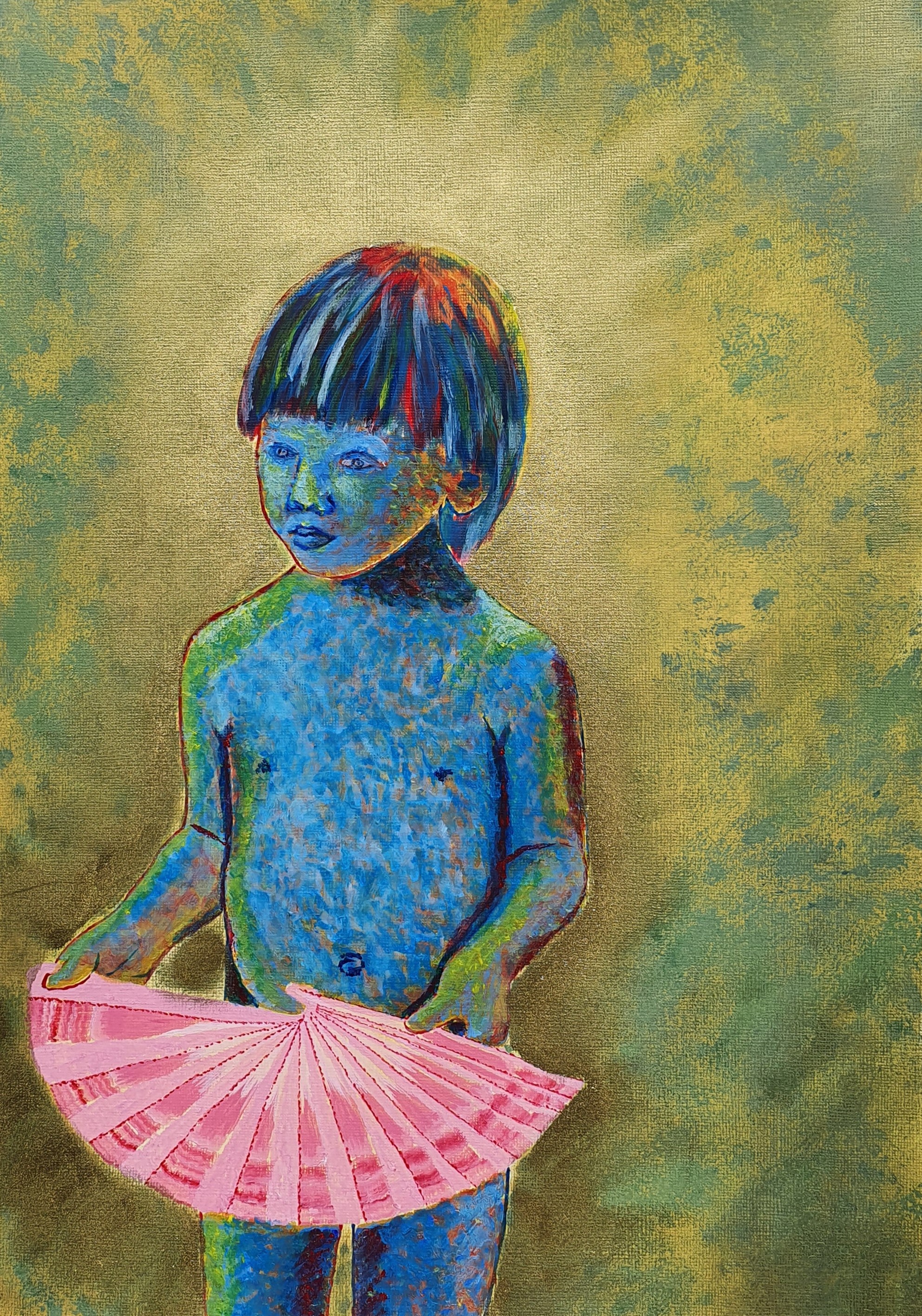 Painting of a blue-toned child with multicolored hair holding a pink folding fan against a textured green and yellow background.