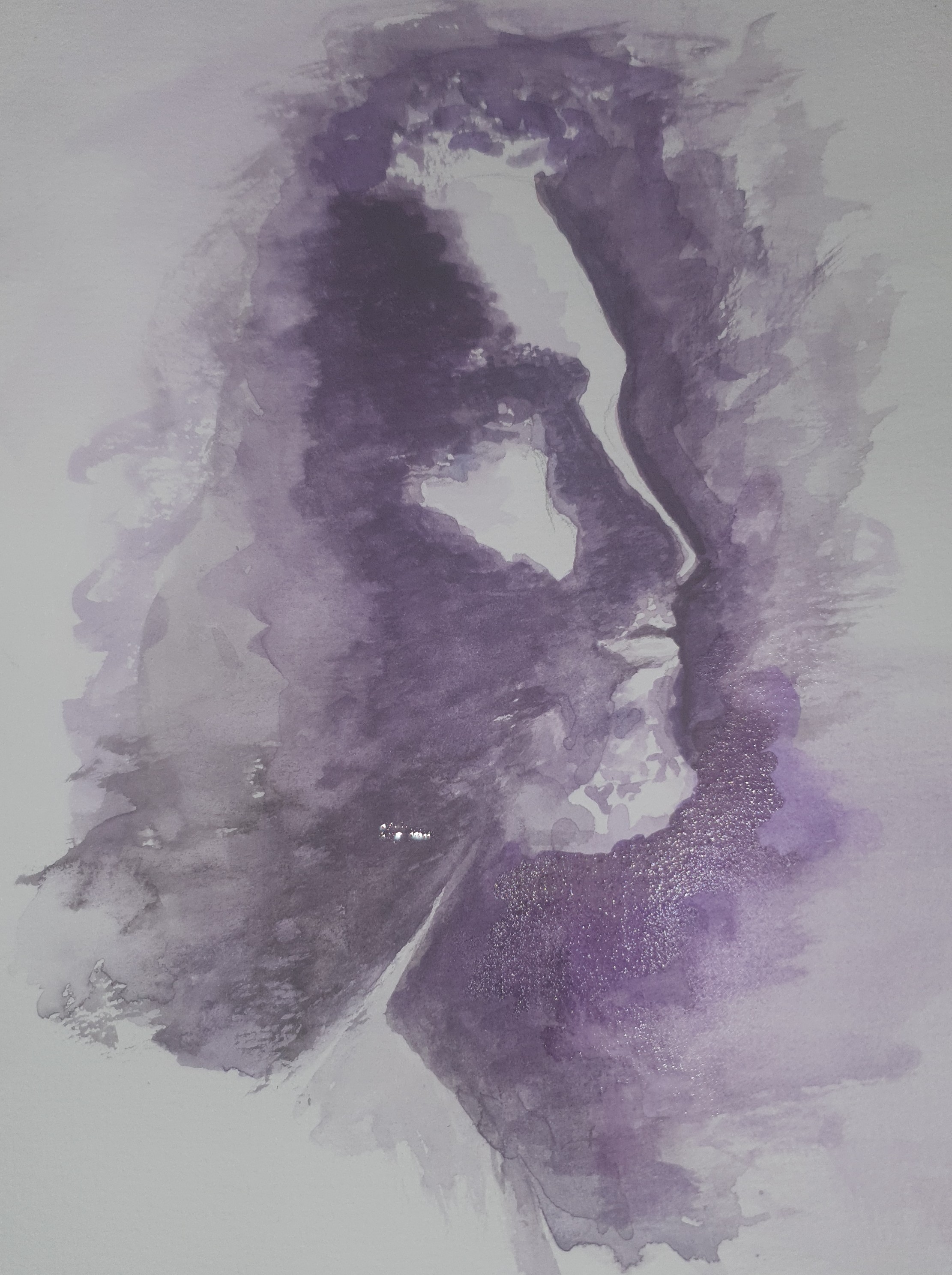 Abstract watercolor painting in shades of purple depicting a person's side profile looking to the right.
