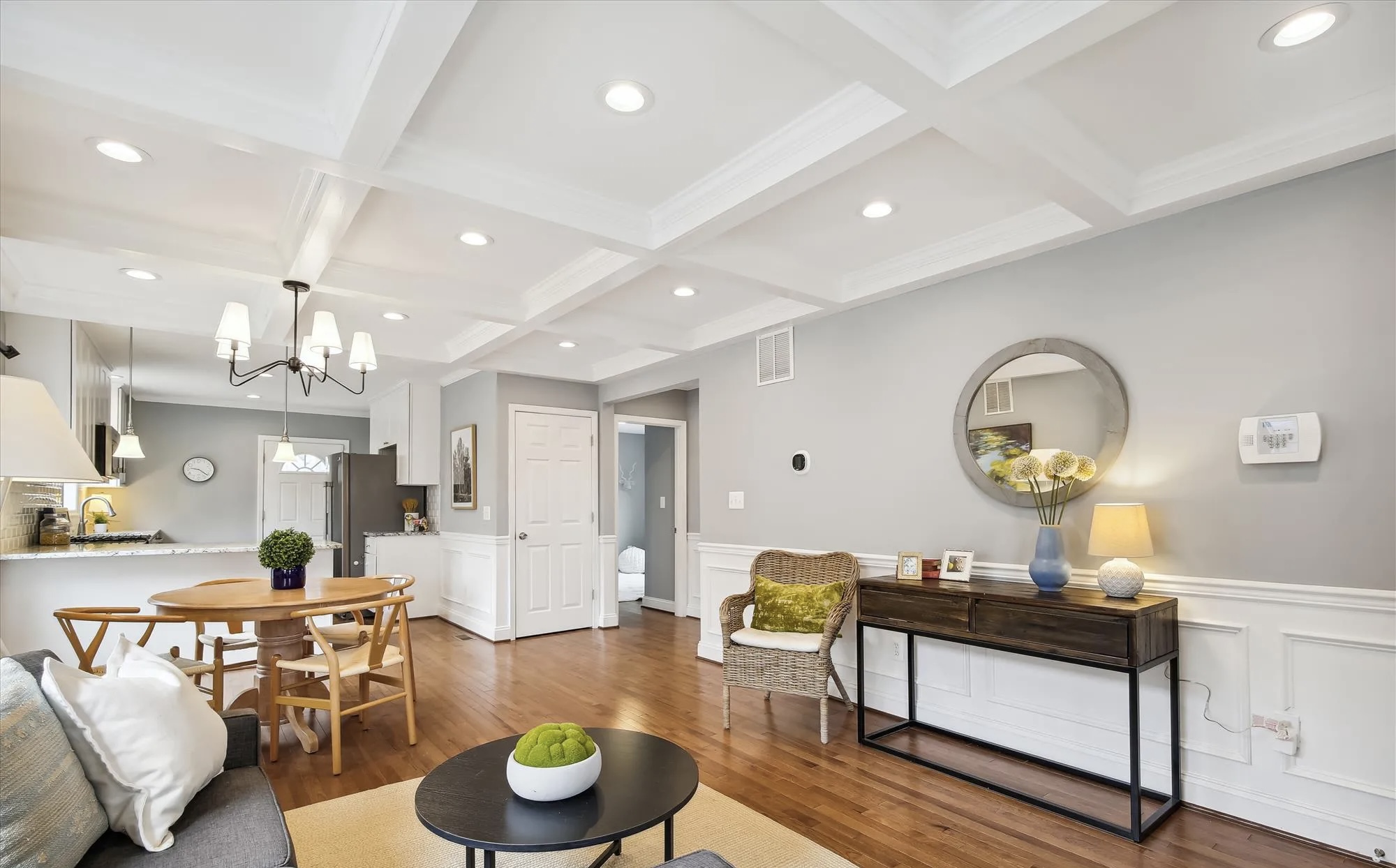 BHI Construction open living room renovation coffered ceiling Washington DC