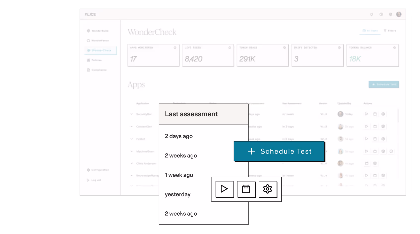 Dashboard screen showing WonderCheck app with stats for apps monitored, live tests, token usage, drift detected, and tokens balance, plus options to schedule a test and view last assessments.
