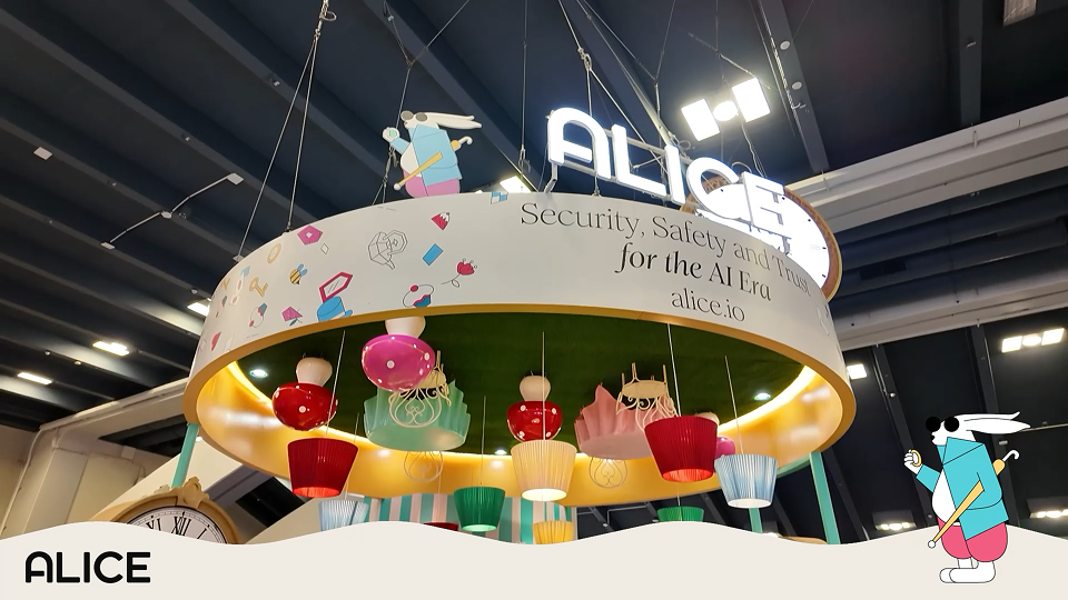 Alice exhibition booth at RSAC and Human X conference showcasing AI security and safety platform with branded carousel installation and 'Security, Safety and Trust for the AI Era' signage.
