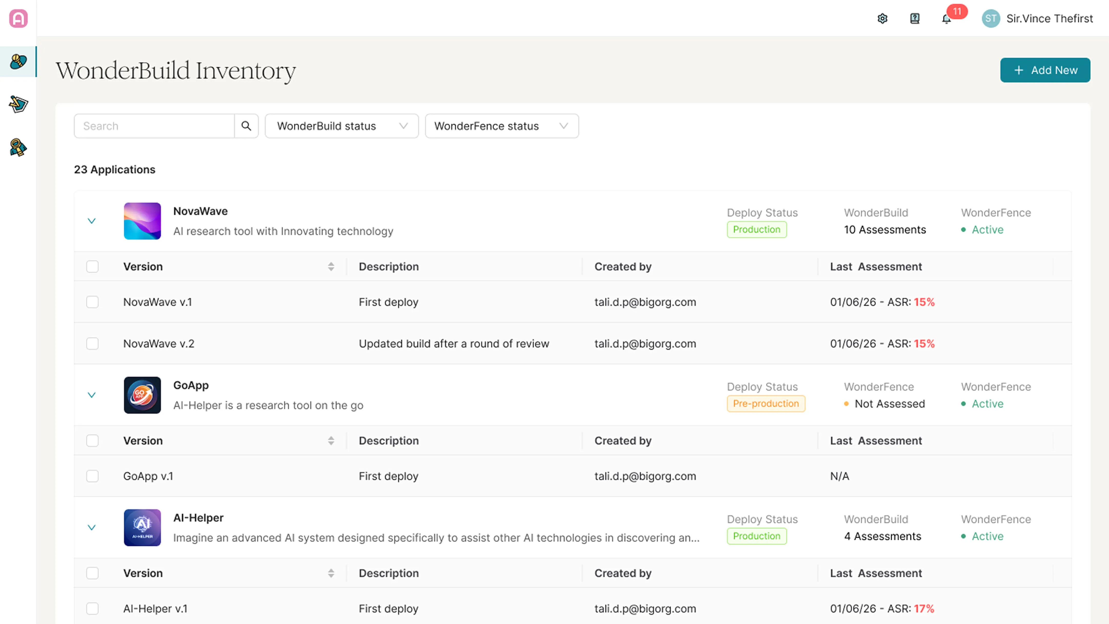 WonderBuild Inventory dashboard showing a list of applications with details on their versions, descriptions, creators, deployment status, WonderBuild and WonderFence status, and last assessments, including NovaWave, GoApp, and AI-Helper apps.