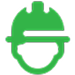 Green icon of a person wearing a construction helmet.