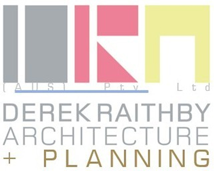 Logo for Derek Raithby Architecture + Planning with stylized gray, pink, and yellow geometric shapes above the text.