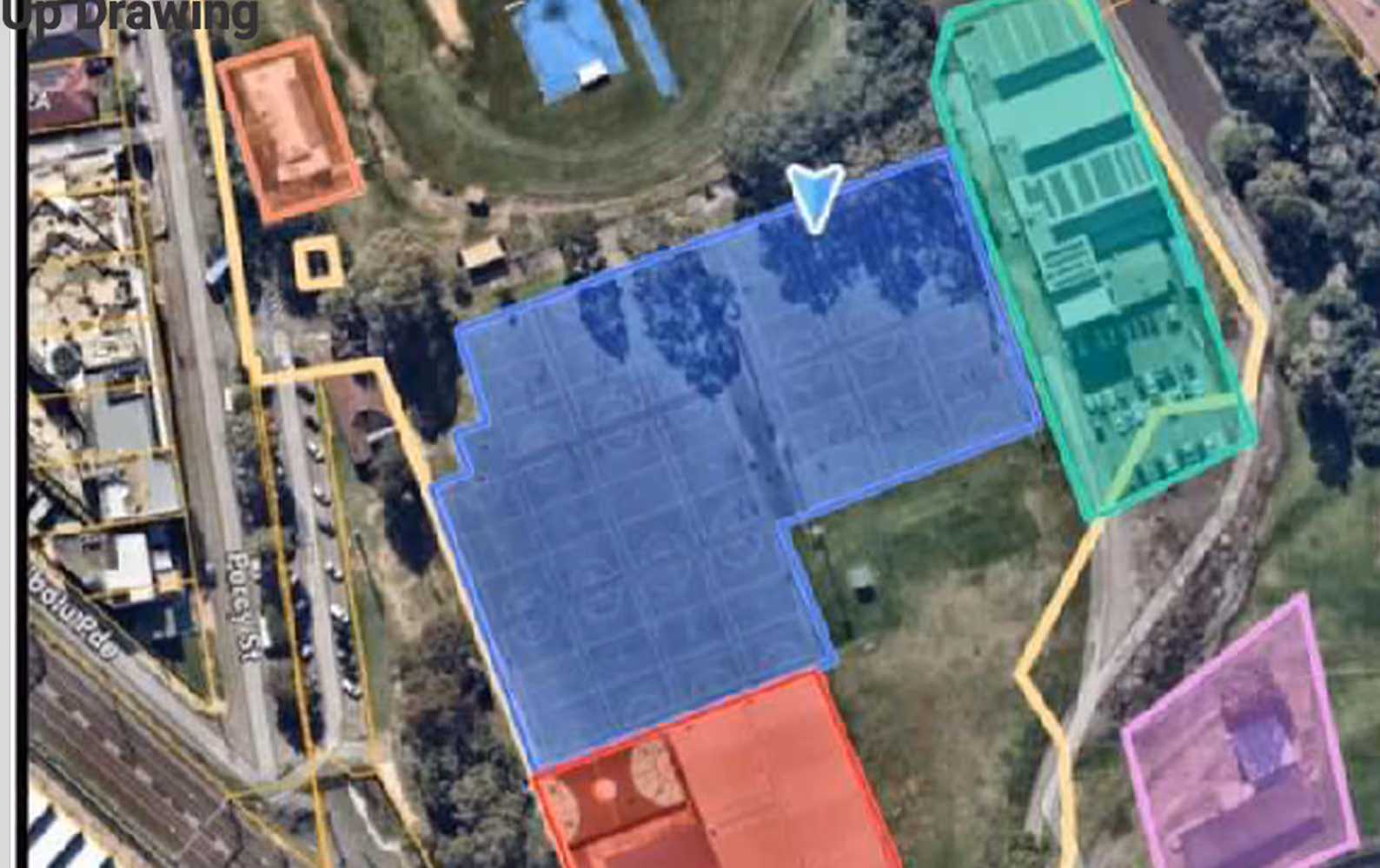 Aerial map view showing multiple colored zones outlining buildings and areas, including blue, red, green, and purple overlays with a road labeled Forcy St on the left.