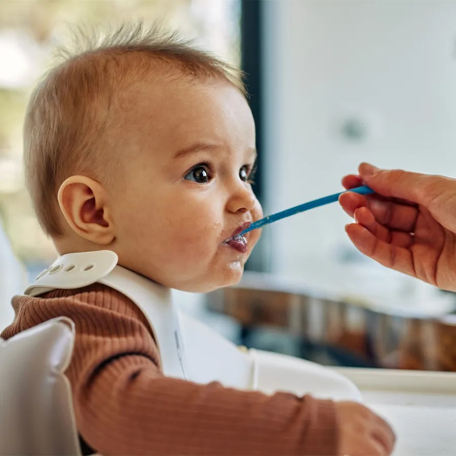 Ein Baby sitzt im Hochstuhl und bekommt liebevoll den ersten Brei gefüttert – Symbol für Vertrauen, Neugier und einen entspannten Beikoststart mit Cozyfamily in Magdeburg.
