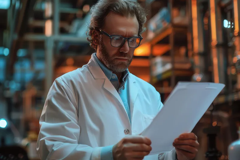 Scientist in a white lab coat and glasses studying a document in a laboratory.