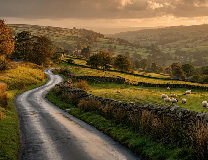 Winding country road beside stone walls and green fields with grazing sheep in a hilly countryside at sunset.